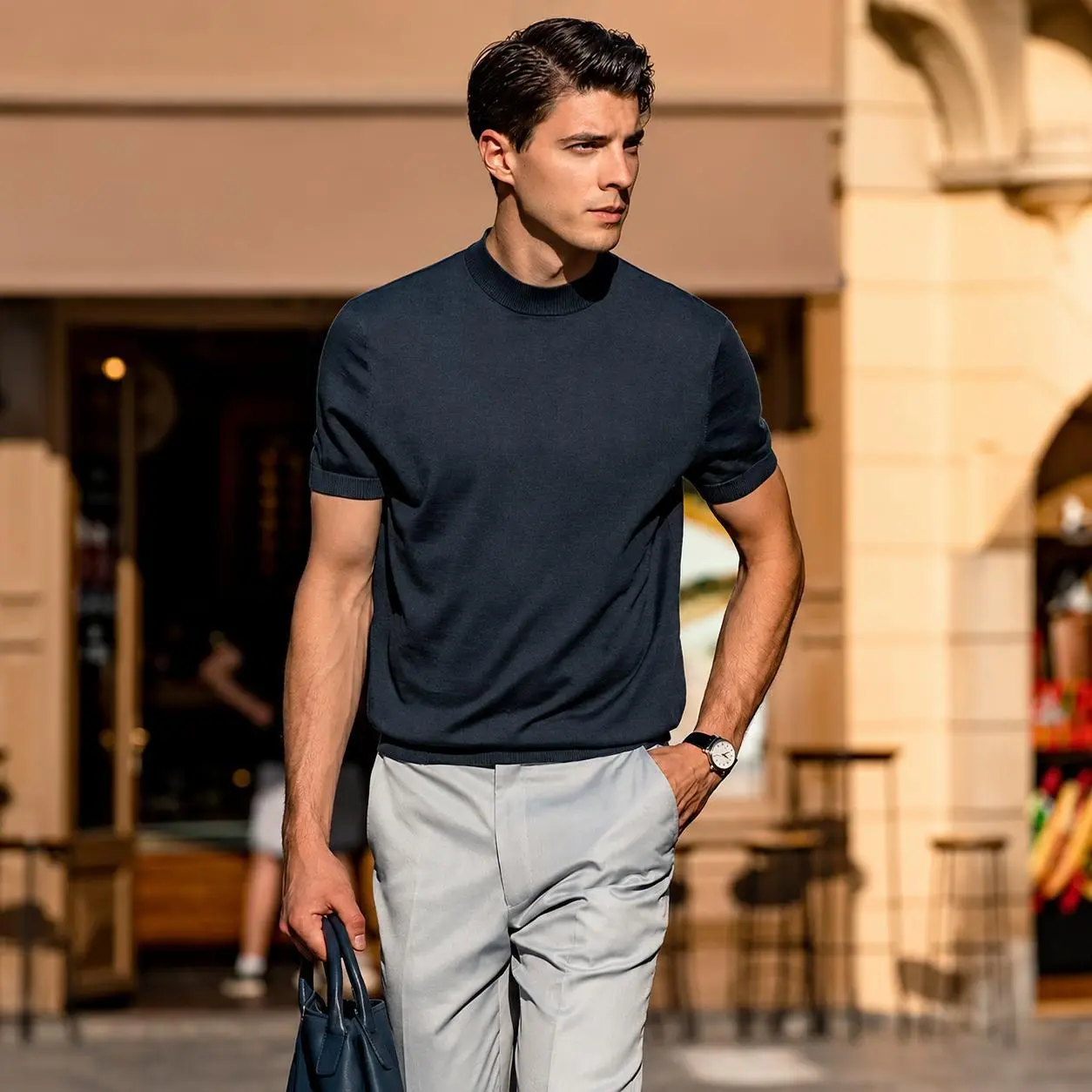 Men's 100% Merino Wool Mock Neck Knit T-Shirt, Soft Breathable Daily Commute Base Top