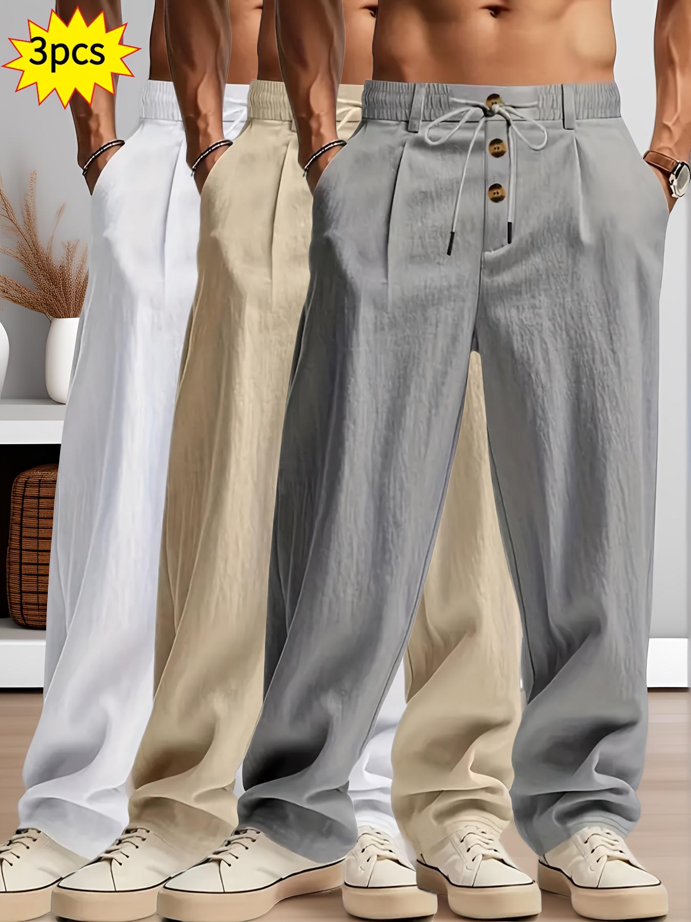 3 pieces of men's summer plain-color simple linen casual straight-leg trousers, Casual Solid Drawstring, beach-friendly lightweight breathable linen trousers, suitable for daily commuting and outdoor activities, vacations, beaches, Casual Fashion Pockets
