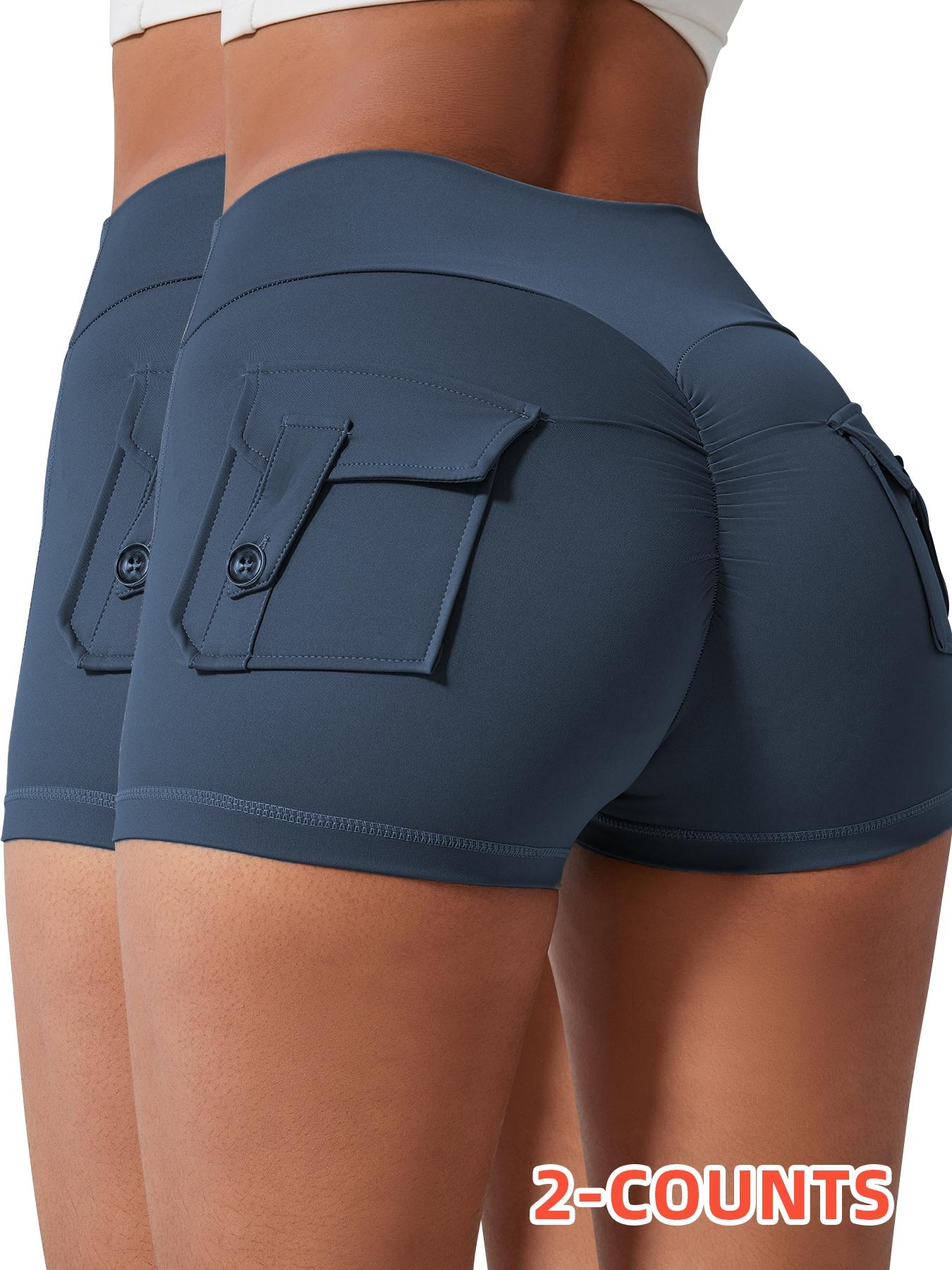 Women's Solid Button Pocket Sports Shorts, High Waist Comfy Breathable Ruched Skinny Sports Shorts for Yoga Gym Workout Running, Ladies Sportswear for Fall & Winter, Breathable Fitness Shorts