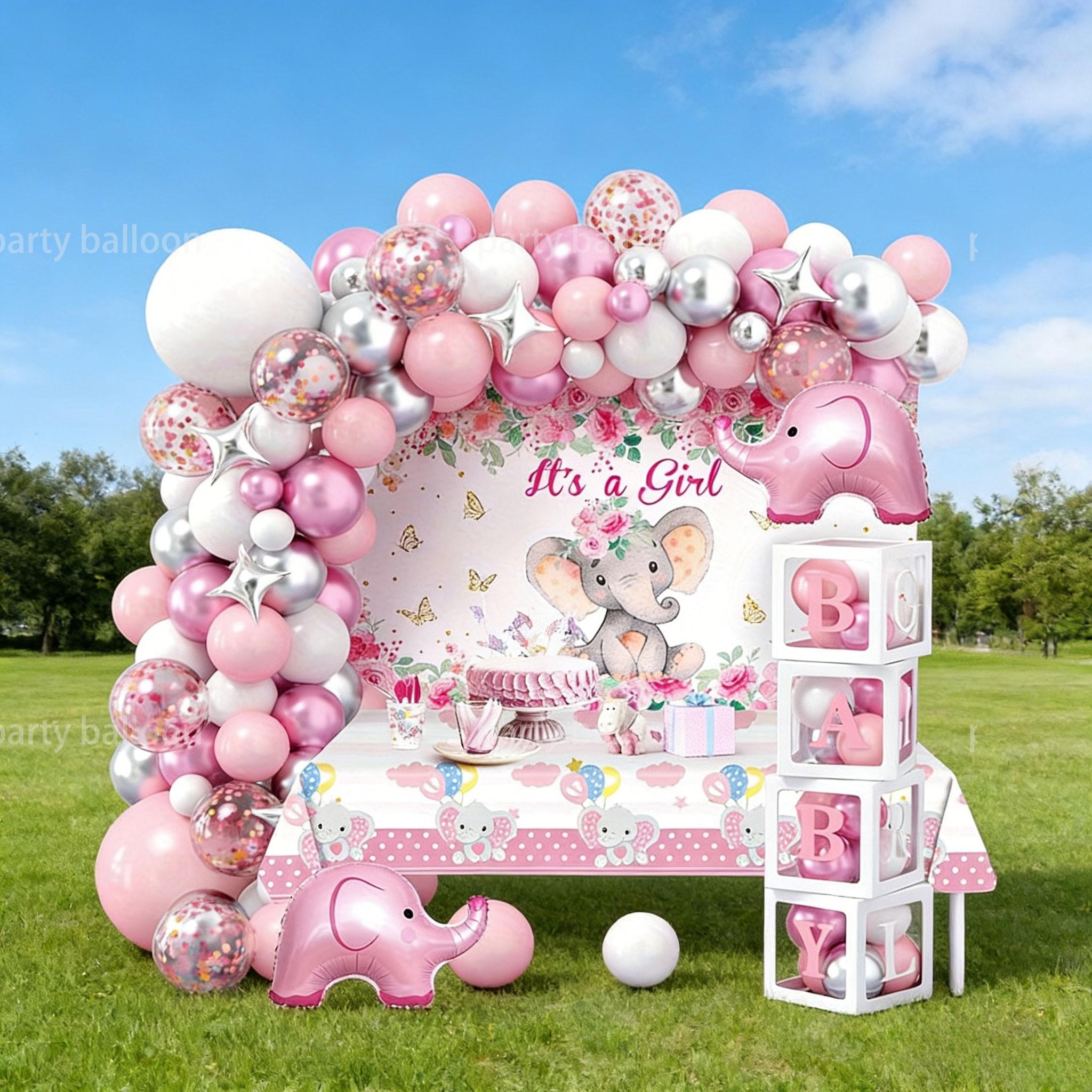 122 Piece Elephant Baby Girl Birthday Party Balloon Set, Bear, Star Aluminum, Latex, Metallic Balloons, Baby Shower Decorations