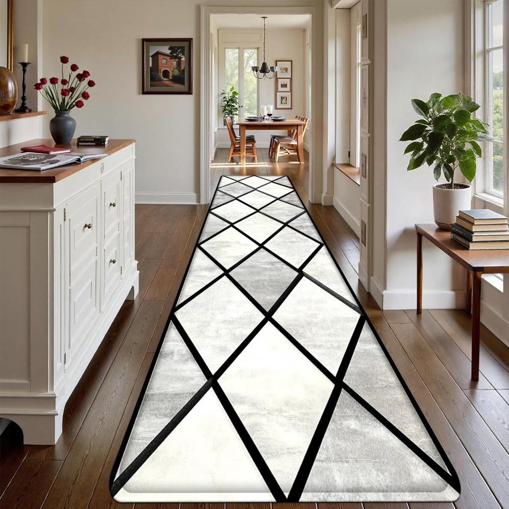1PC， Black and White Diamond Geometric Pattern strip rugs, home décor, bathroom mats, entryway mats, bathroom non-slip mats, indoor entrance rugs, bedroom bedside mats, kitchen mats, hallway rugs, flannel sponge rugs, hallway runner rugs