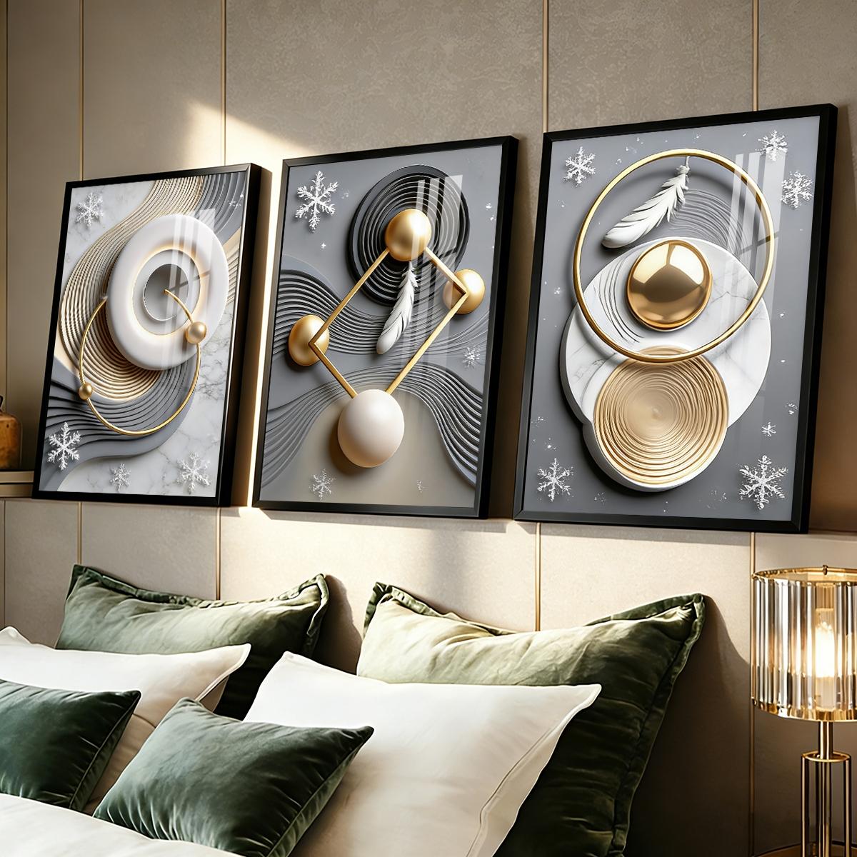3 Counts Aluminum Alloy Framed Painting, Abstract Geometric Gold Feather Art Pictures, Home Decoration For Living Room, Bedroom, Office, Restaurant, Hallway Wall Decor, Odorless Print Artwork, Luxury Perfect Gift For Friends And Family