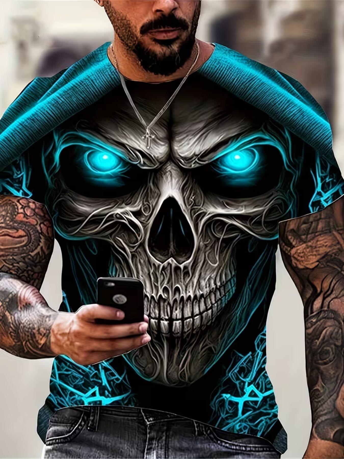 Men's Skull T-Shirt, 3D Printed Skull O-Neck, Oversized Short Sleeve, Casual Slim-Fitting Top, Sports Wear, Men's Clothing