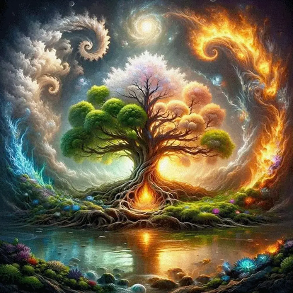 1PC,2D Mystical Tree of Life Diamond Painting Kit DIY Crystal Rhinestone Embroidery Art Craft for Home Wall Decor Fantasy Nature Landscape with Swirling Clouds and Glowing Roots Creative Gift for Adults and Kids