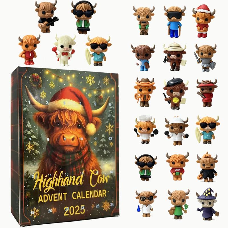 2D Graphic Design, 2025 24 Days of Christmas Countdown Calendar with 24 Collectible Mini Cows - Scottish Theme Christmas and Halloween Countdown Calendar, 1-24 Numbered Doors, Daily Cow-Shaped Display, Christmas Decoration