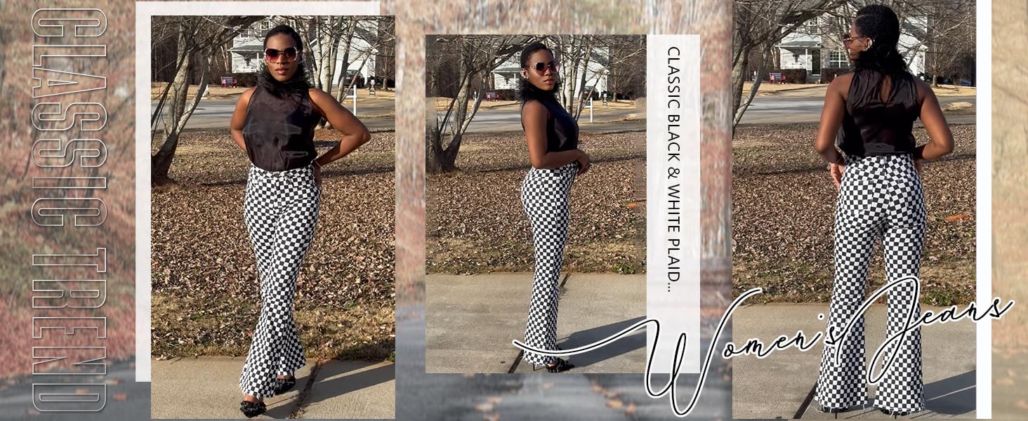 Odefou St. Patrick's Day Checkered Women’s Flare Jeans Spring Womeswear Stretchy Denim High Waist Plaid Bell Bottom Pants Football Game Outfit Slim Fit Retro Streetwear Y2K Party Casual Trouser Gifts for Wife