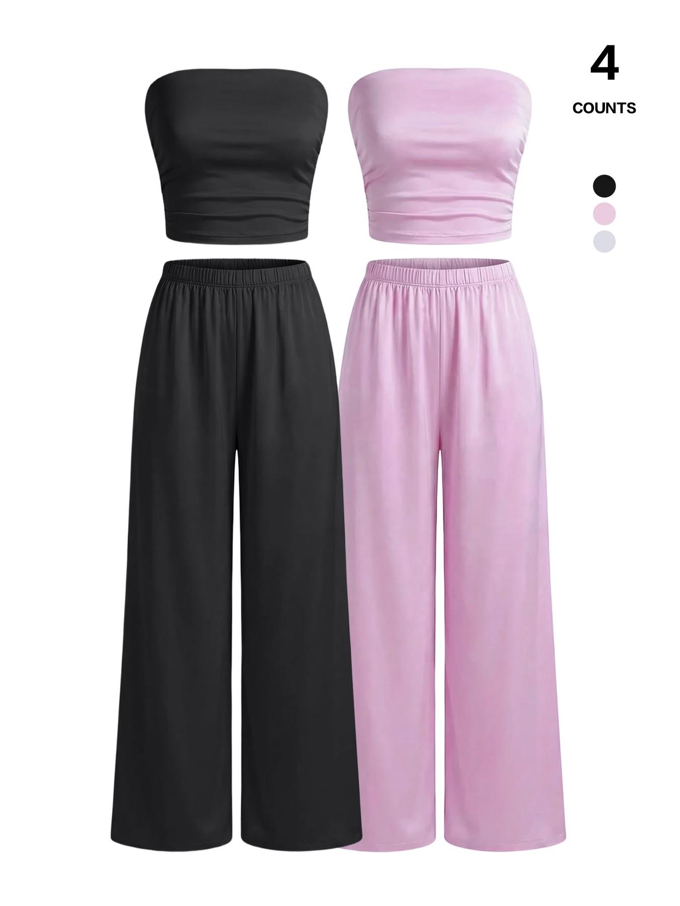 Women's 2 Piece Knit Lounge Set Strapless Tube Top and High Waisted Wide Leg Pants Casual Sweatsuit