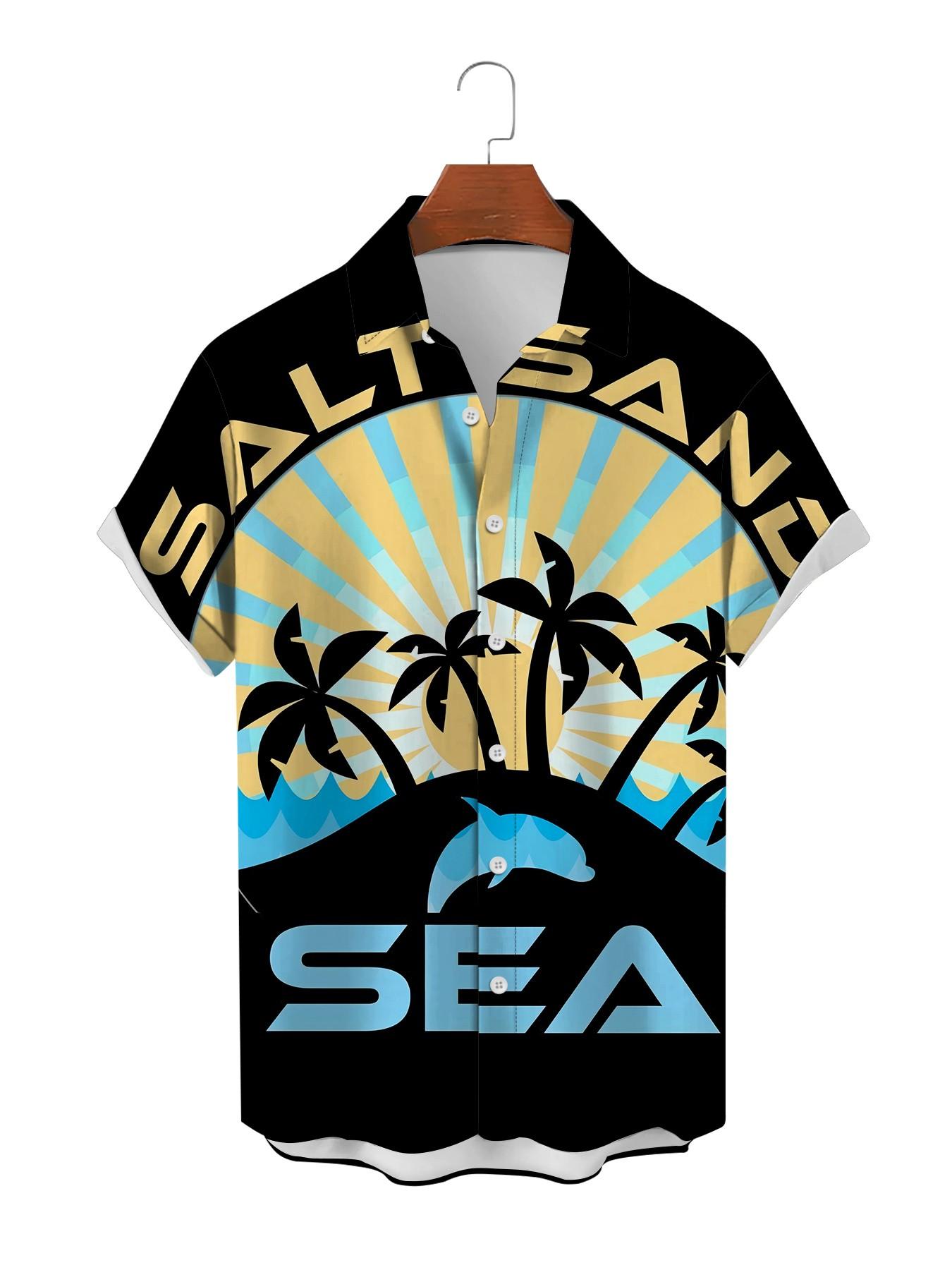 Men's Loose-Fit Casual Shirt, Colorblock Coconut Tree Silhouette, Short Sleeve Button-Down Top, Trendy Summer Wear