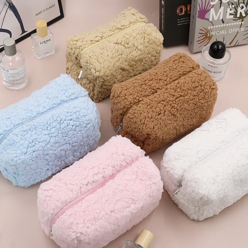 Soft Fluffy Teddy Fleece Storage Pouch, Solid Color Plush Travel Organizer Bag, Large Capacity Portable Zipper Pouch, Multifunctional Cosmetic & Toiletry Holder, Ideal for Skincare Supplies, Stationery and Daily Small‑item Storage