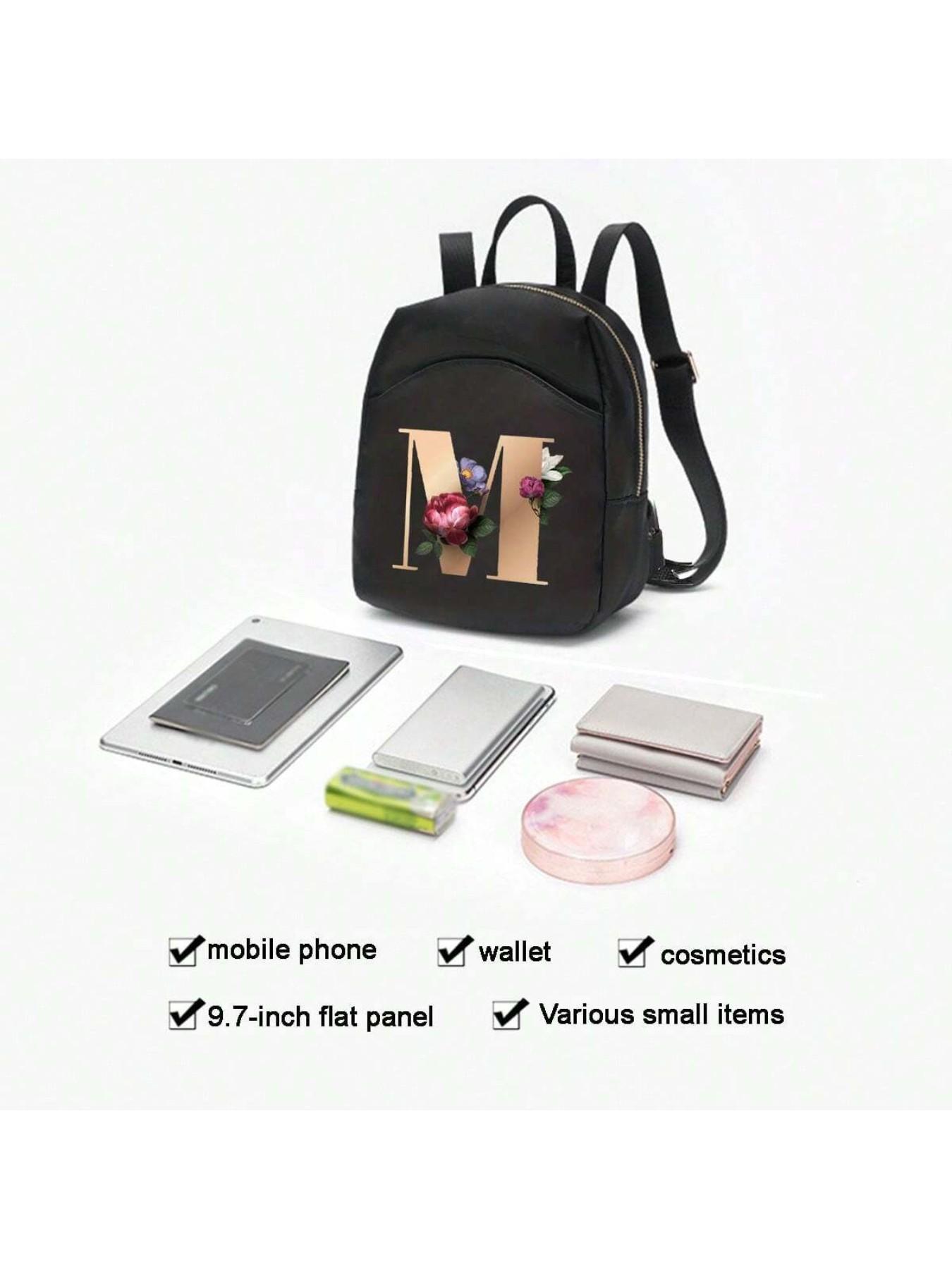 Fashion Floral Letter Backpack, Perfect for Casual Travel and School, Small Floral Letter Print, Convenient Zipper, Daily Use, Shopping and Groceries