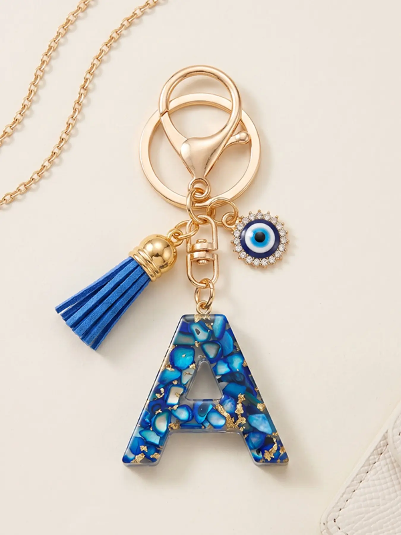 Lucky Demon Eye Letter Keychain, Blue Resin Initial Key Ring with Soft Tassels, Sparkly Rhinestone Pendant, Women's Bag Accessory, Perfect Gift