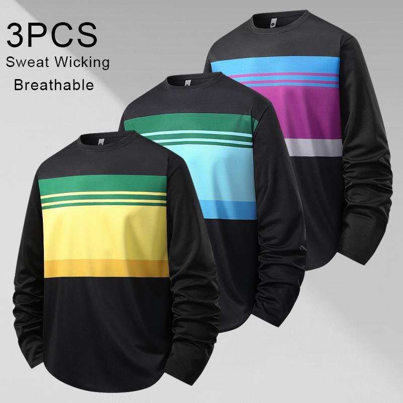 Men’s 3-pack long-sleeve T-shirts, color-block polyester pullover shirts, lightweight quick-dry base layers suitable for running, hiking, and outdoor sports