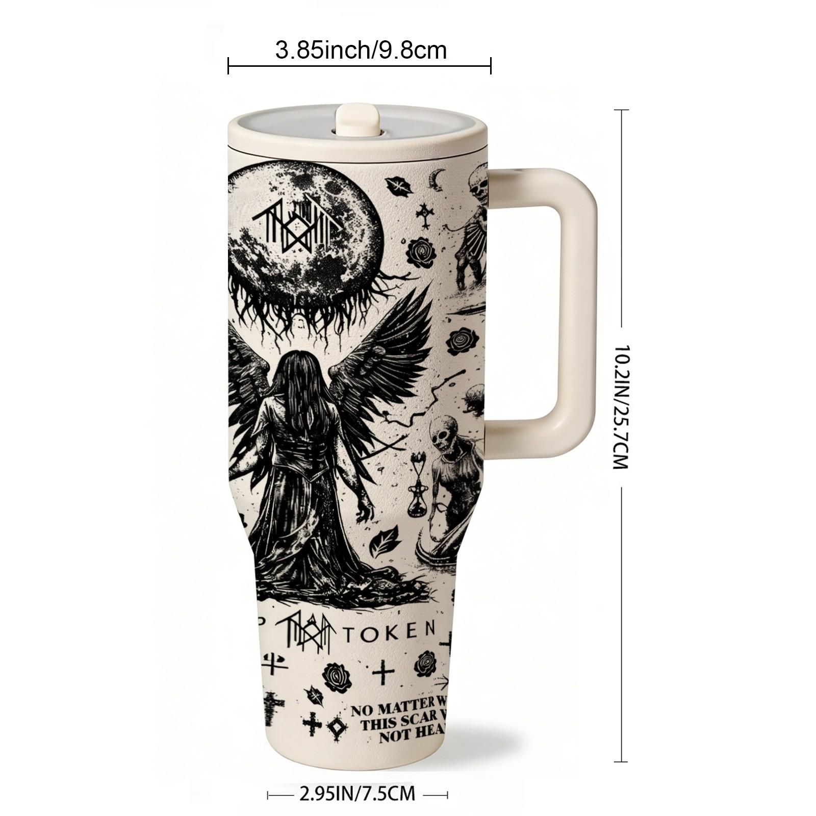 Auracup 1pc 40oz Sleep Token Insulated Tumbler with Handle and Straw, Gothic Angel Moon Art Stainless Steel Travel Mug, Vacuum Water Bottle Keeps Drinks Cold Hot for Hours, Large Capacity Car Coffee Cup Gift, Thermos Cup