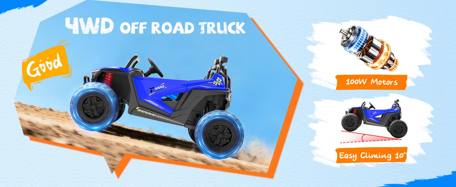 EM-KC06）2 Seater Ride on Car for Kids, Kids' Electric Vehicles 4WD Off-Road, 12V7Ah Large Battery Ride on Truck with Remote Control, Bluetooth Music, Horn, Lights, Up to 3.1Mph for Ages 3-8