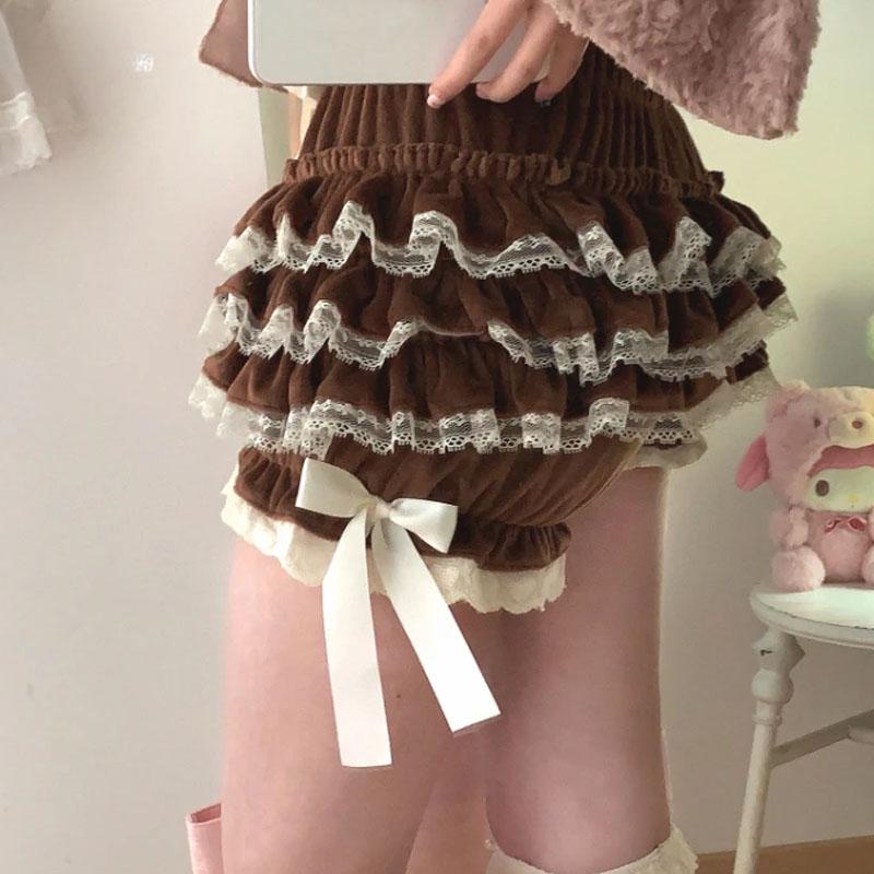 Autumn Winter Warm Lolita Safety Short Pants Women Sweet Chic Plush Bloomers Japanese Y2k Lace Bow Knickers Harajuku Cute Shorts