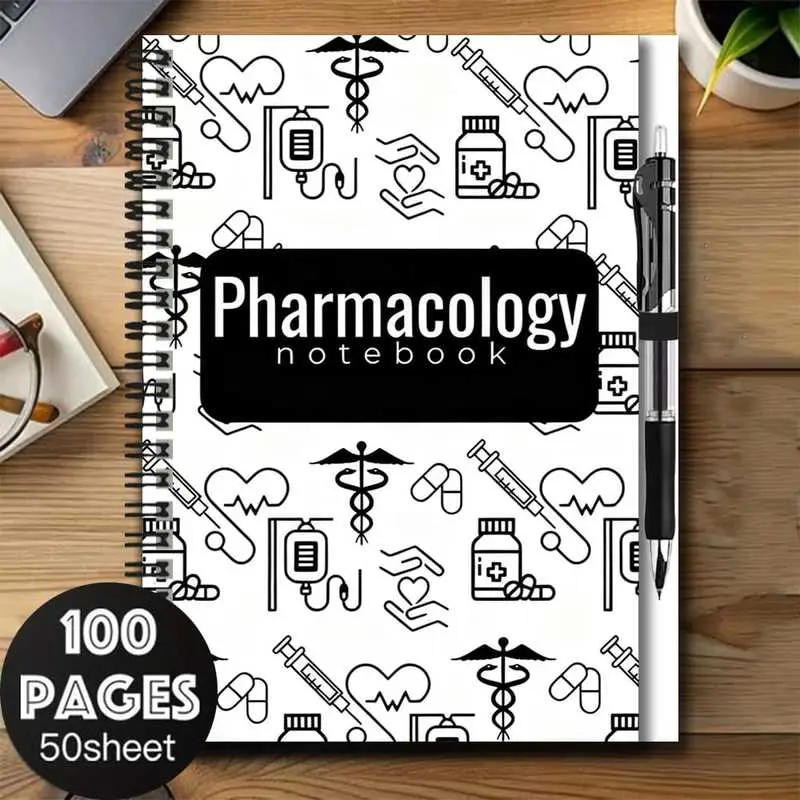 A set of medical-themed 2D cover spiral-bound pharmacology notebooks with pen, featuring 100 practical pages and designs containing medical elements. Suitable for work and study records, it is also a thoughtful gift for graduation, birthdays, and other oc