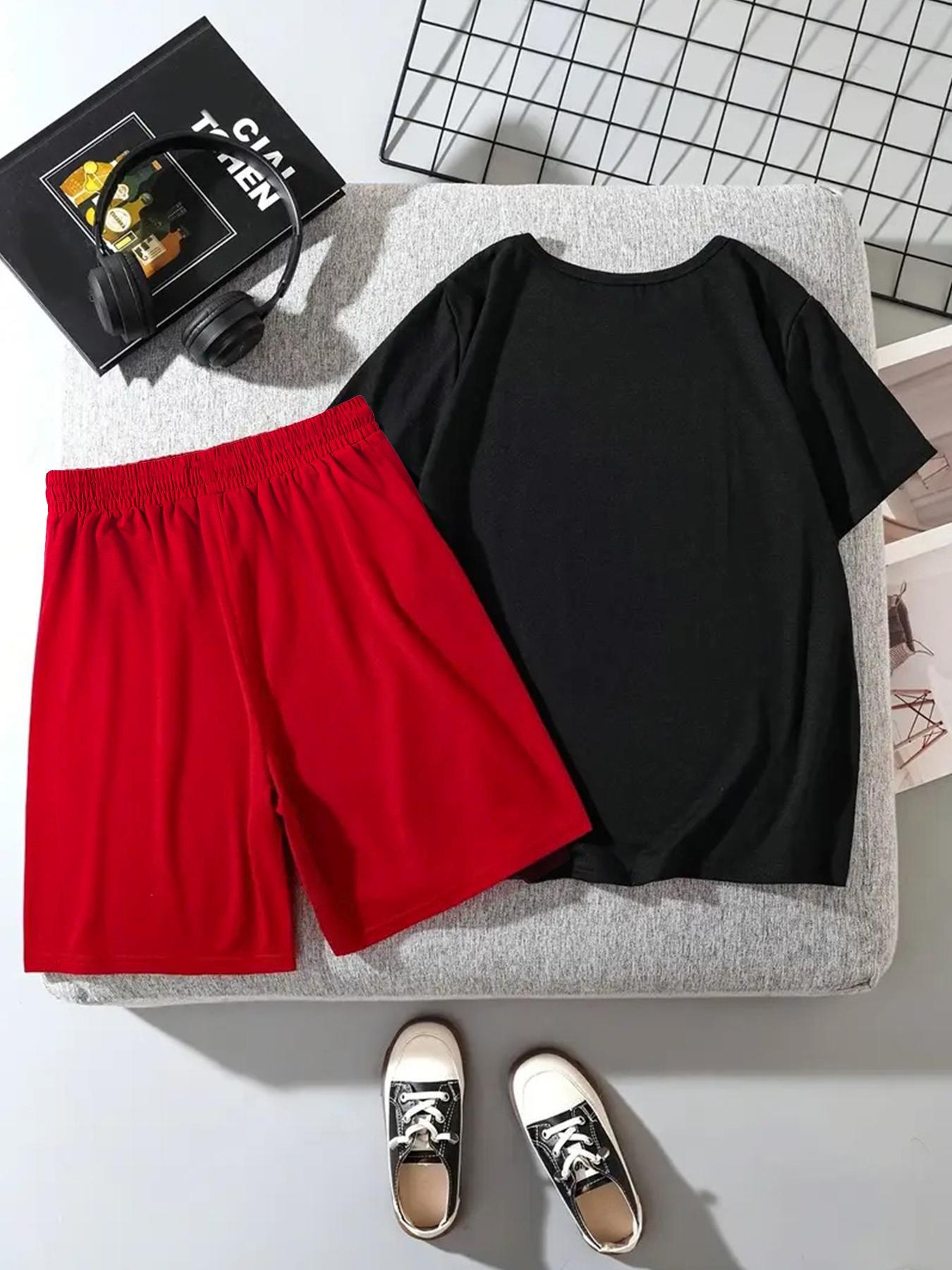 Boys Fashion Set, Creative Graffiti Earphone Print Short Sleeve and Shorts, Casual Loose-Fit, Comfortable Daily Wear, Kids Clothing