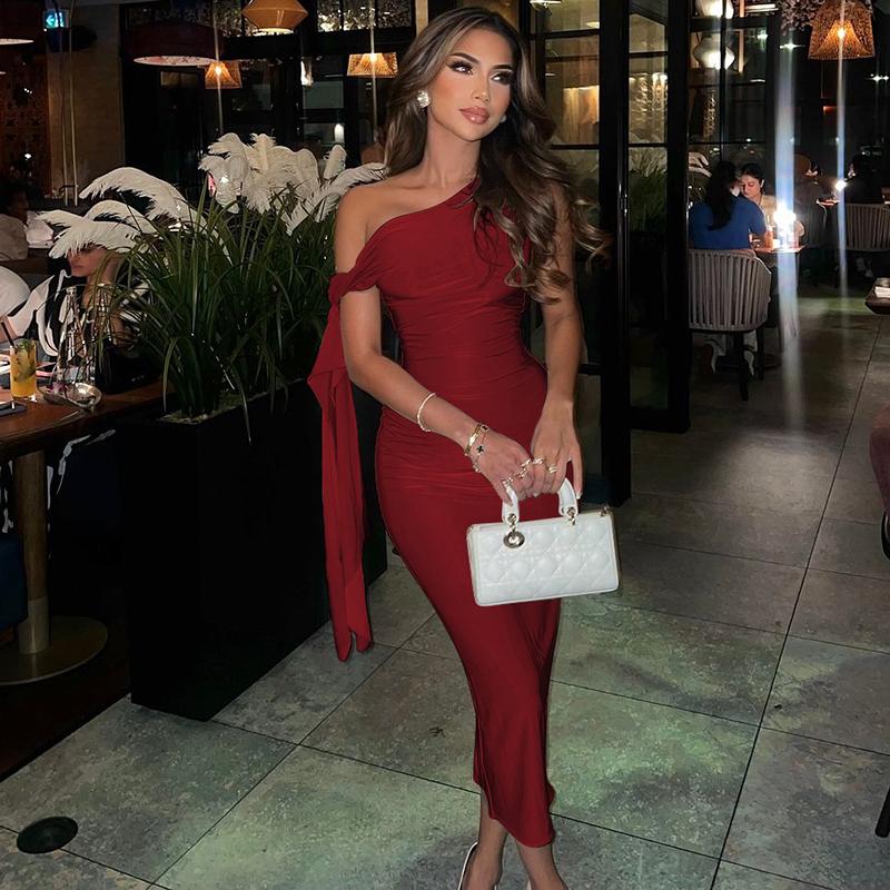 Knotted One Shoulder Tie Bandage Midi Dress for Women's  2025 Summer Asymmetric Sleeveless Bodycon Slim Casual Elegant Sexy Party Club Dating Outfit Dress