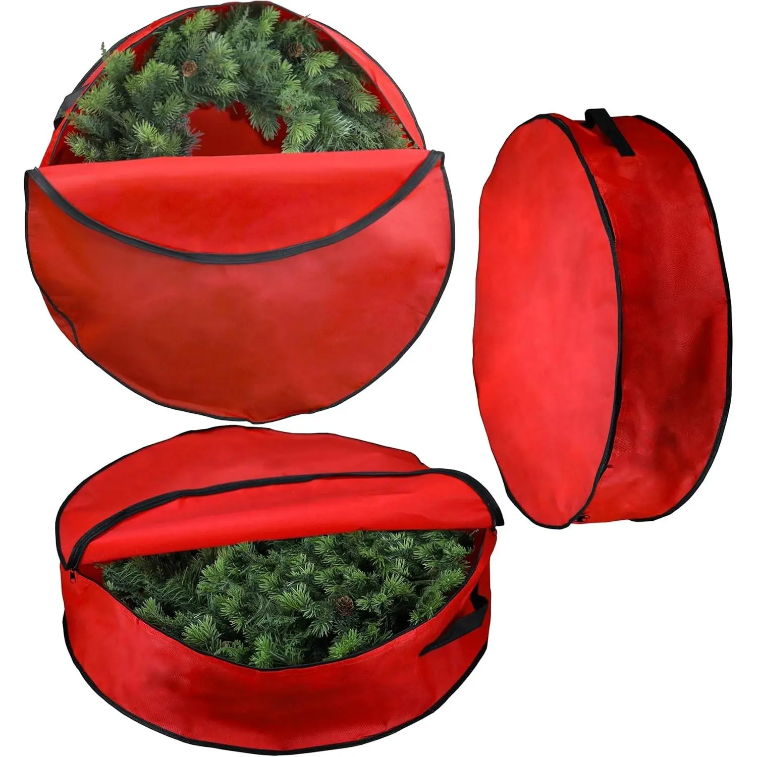 3-Pack Wreath Storage Bag with Handle 30-Inch Diameter Red Zippered Christmas Holiday Garland Organizer Tear-Resistant Protective Bulk Pack