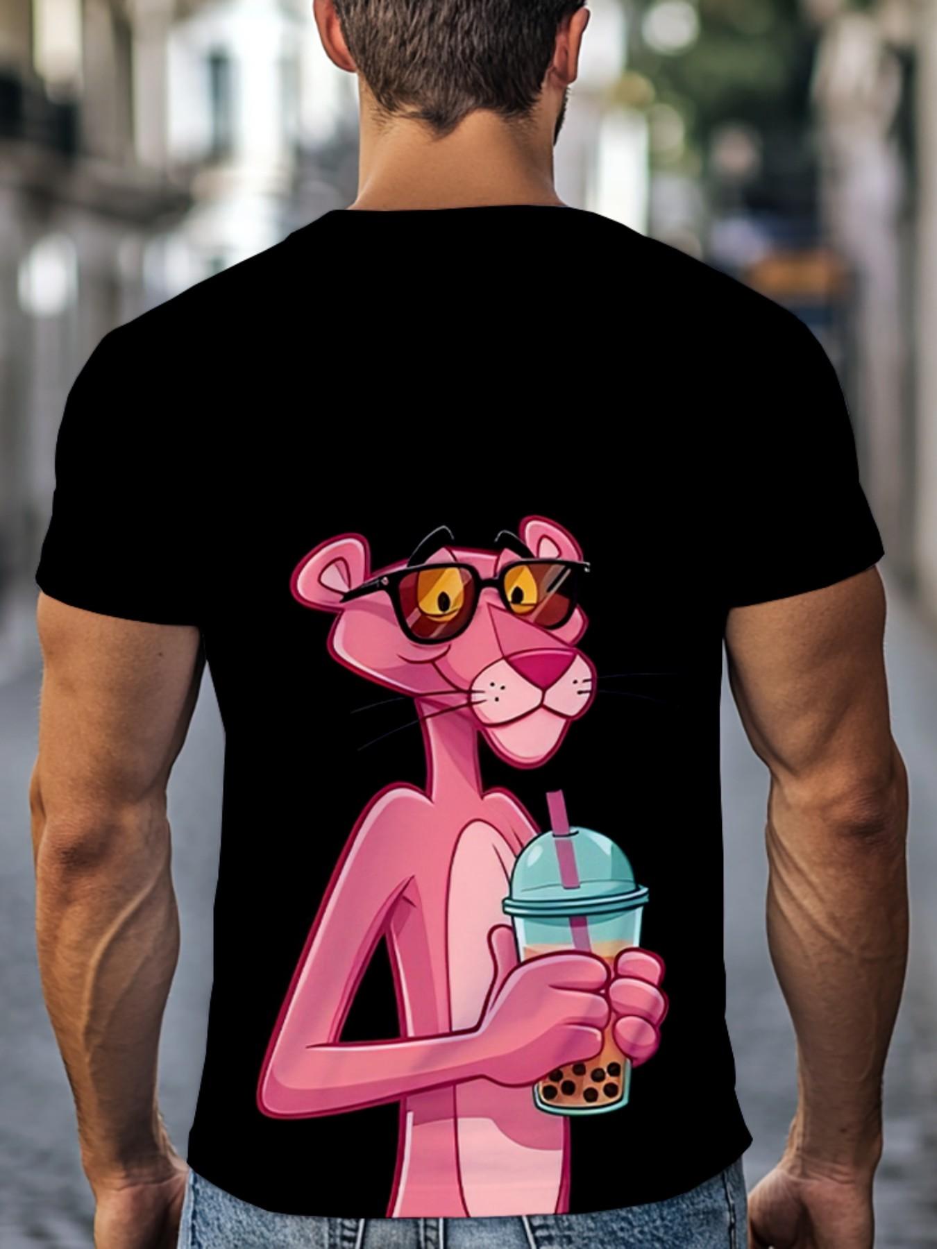 Panther Drinking Milk Tea T-Shirt, Men's Cartoon Print Short Sleeve, Casual Long Loose-Fit Top, Trendy Milk Tea Style