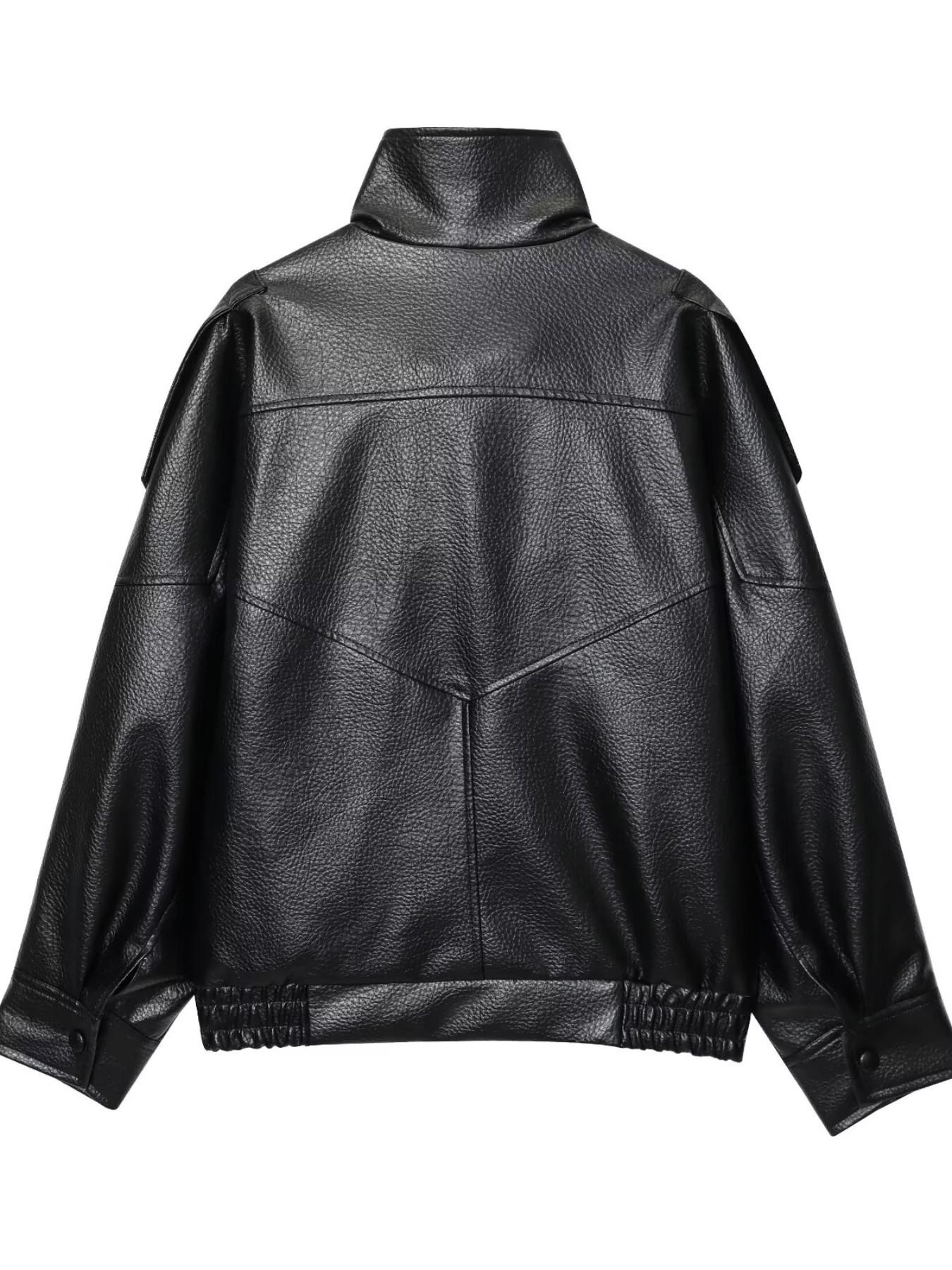 Spring/Autumn New Women's Loose Oversized European And American Style Fashion Minimalist Versatile Jacket Premium Faux Leather Coat Black