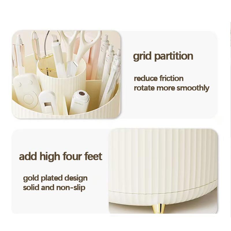A 360 degree rotating cosmetics storage box - cosmetics storage box, display box with 5 compartments - multifunctional brush, lipstick, skin care and stationery storage box - durable and odorless luxury stripe design desktop storage box Organiser White