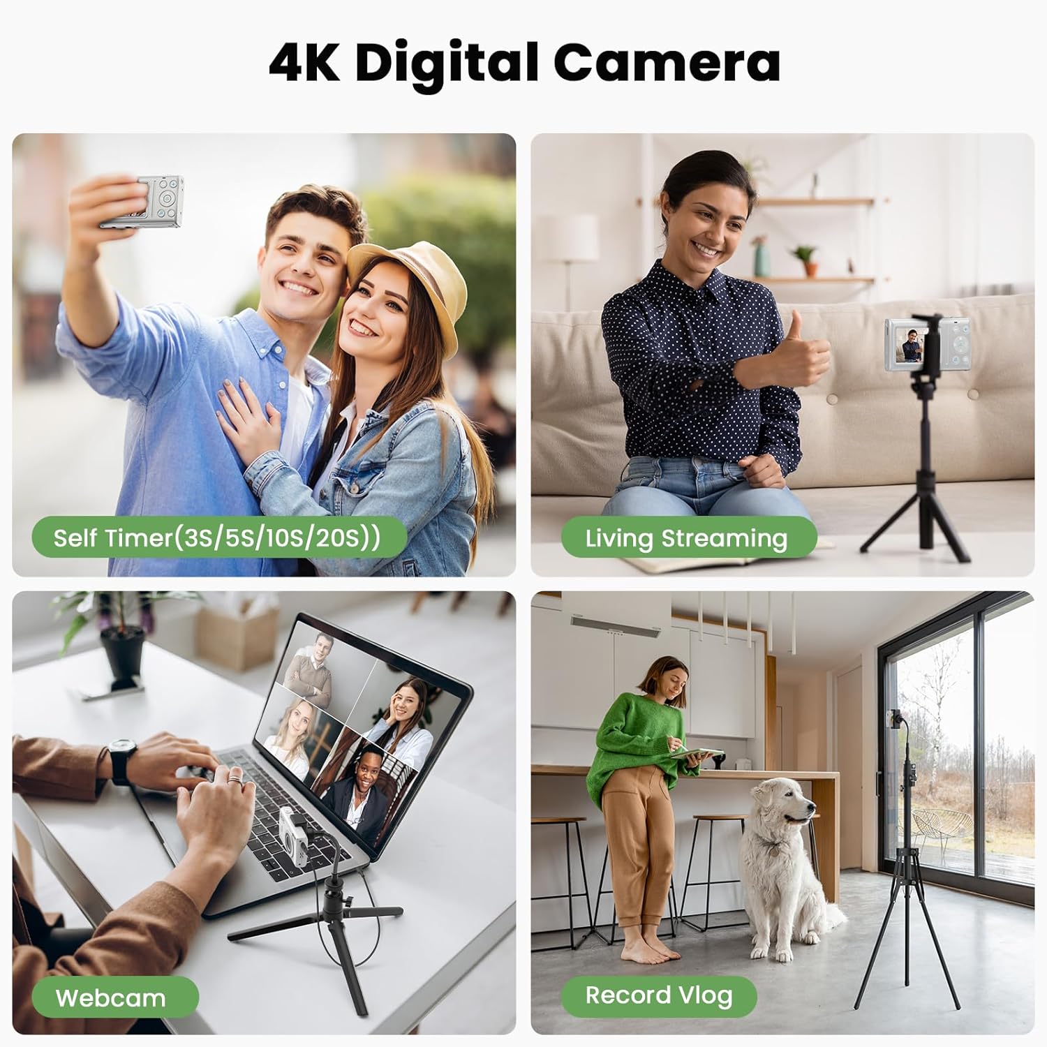 Digital Camera 4K 64MP Vlogging Camera Autofocus Point and Shoot Digital Cameras for Photography Camera for  Student  Teen Girl Boy, 18X, 2 , 32GB Card, White