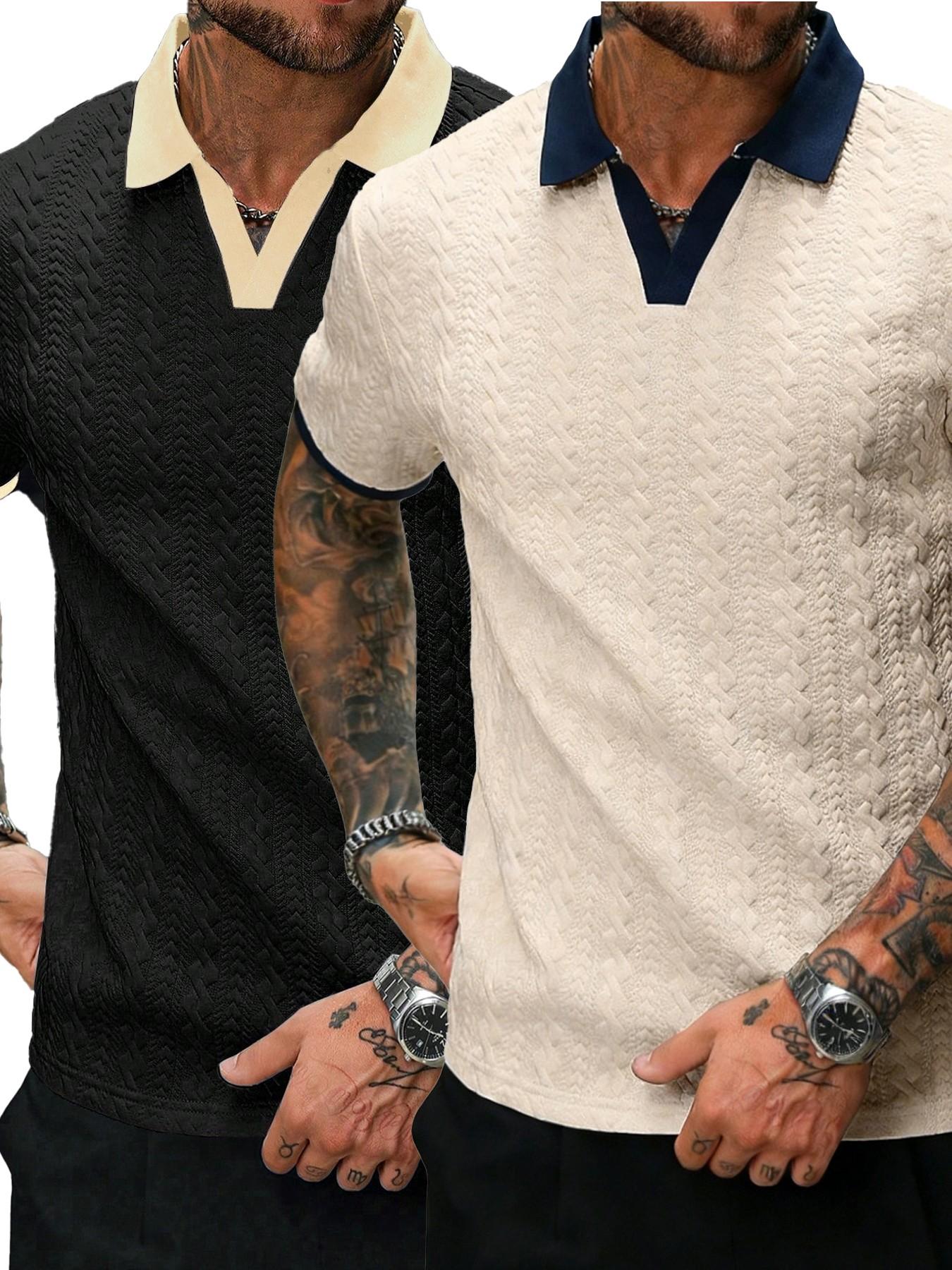 Men's Retro Colorblock Polo Shirt, Textured V Neck Short Sleeve Top, Casual Street Style, Summer Fashion, Fitted Leisurewear Men's Retro Colorblock Polo Shirt, Textured V Neck Short Sleeve Top, Casual Street Style, Summer Fashion, Fitted Leisurewear