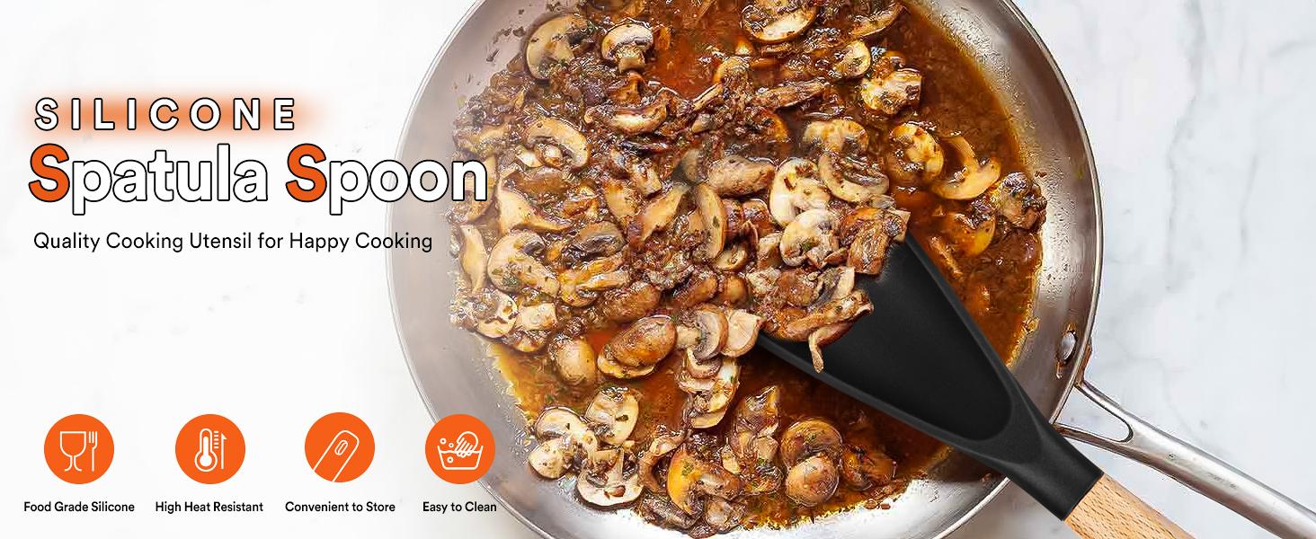 Cooking Spoon for Nonstick Cookwares, Great for Cooking and Serving Durable BPA-Free Matte Silicone, Wood Handle Spoon for Mixing, Scoop, and Scrape