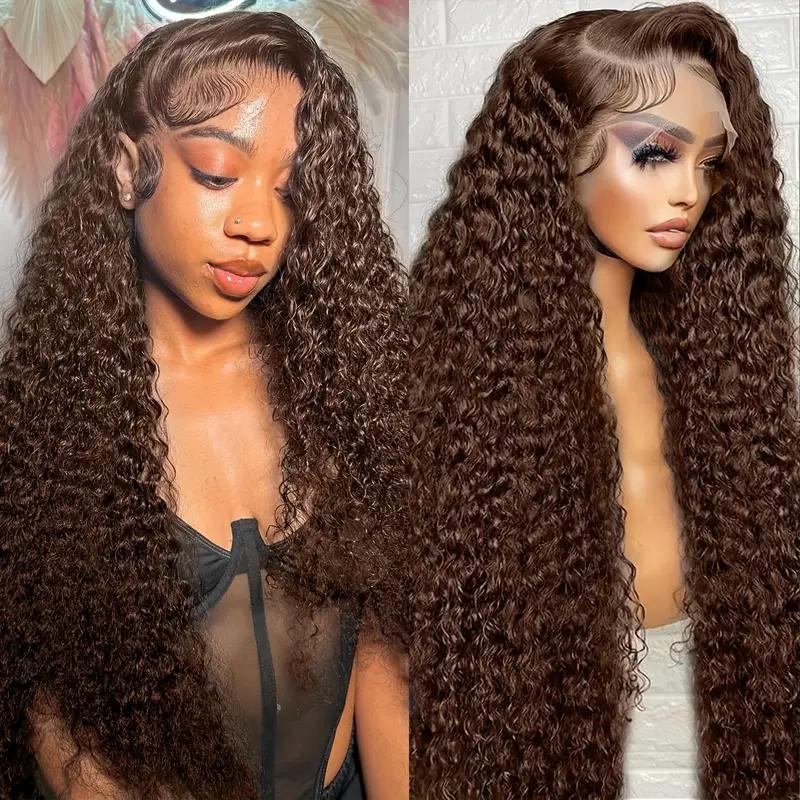 Bling Hair Chocolate Brown Deep Wave 13x4/13x6 HD Transparent Lace Front Wig Human Hair 180 Density Human Hair Wigs Colored Deep Curly Lace Frontal Wigs for Women