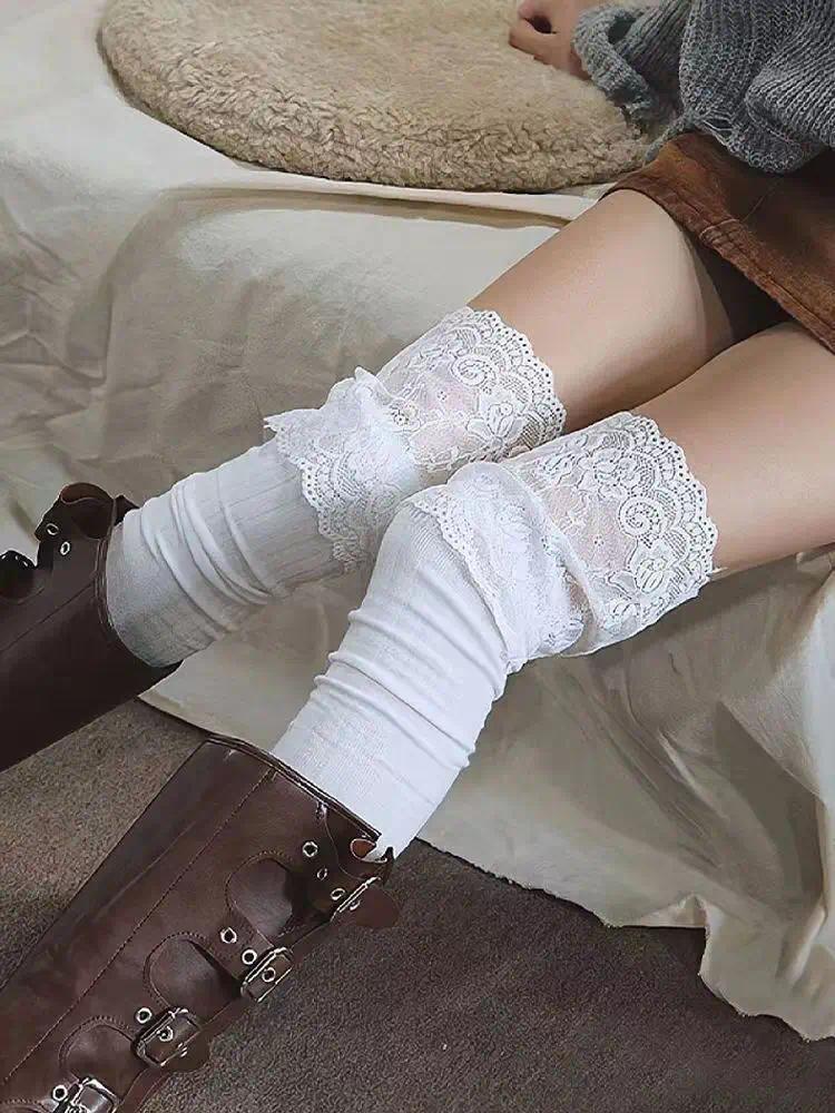Korean Sexy Lace Thigh High Stockings for Women, Lolita Over The Knee High Socks, Sheer Lace Top Boot Socks for Daily & Cosplay