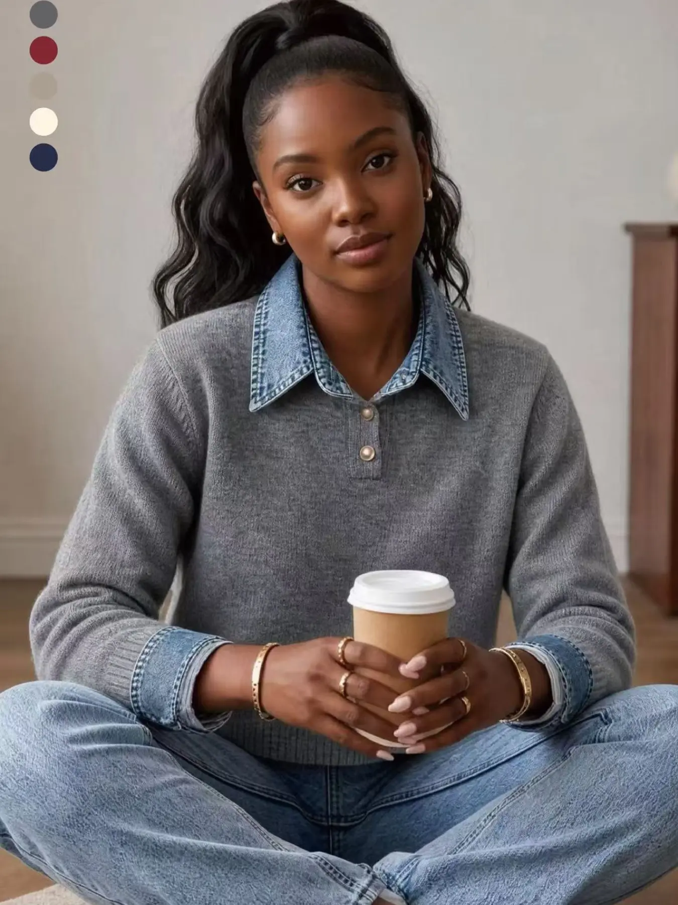 Women's Denim Collar Patchwork Knit Top, Half-Button Long Sleeve Pullover Sweater, Casual Office Wear, Loose-Fitting, Unlined, Casual Loose Knitwear