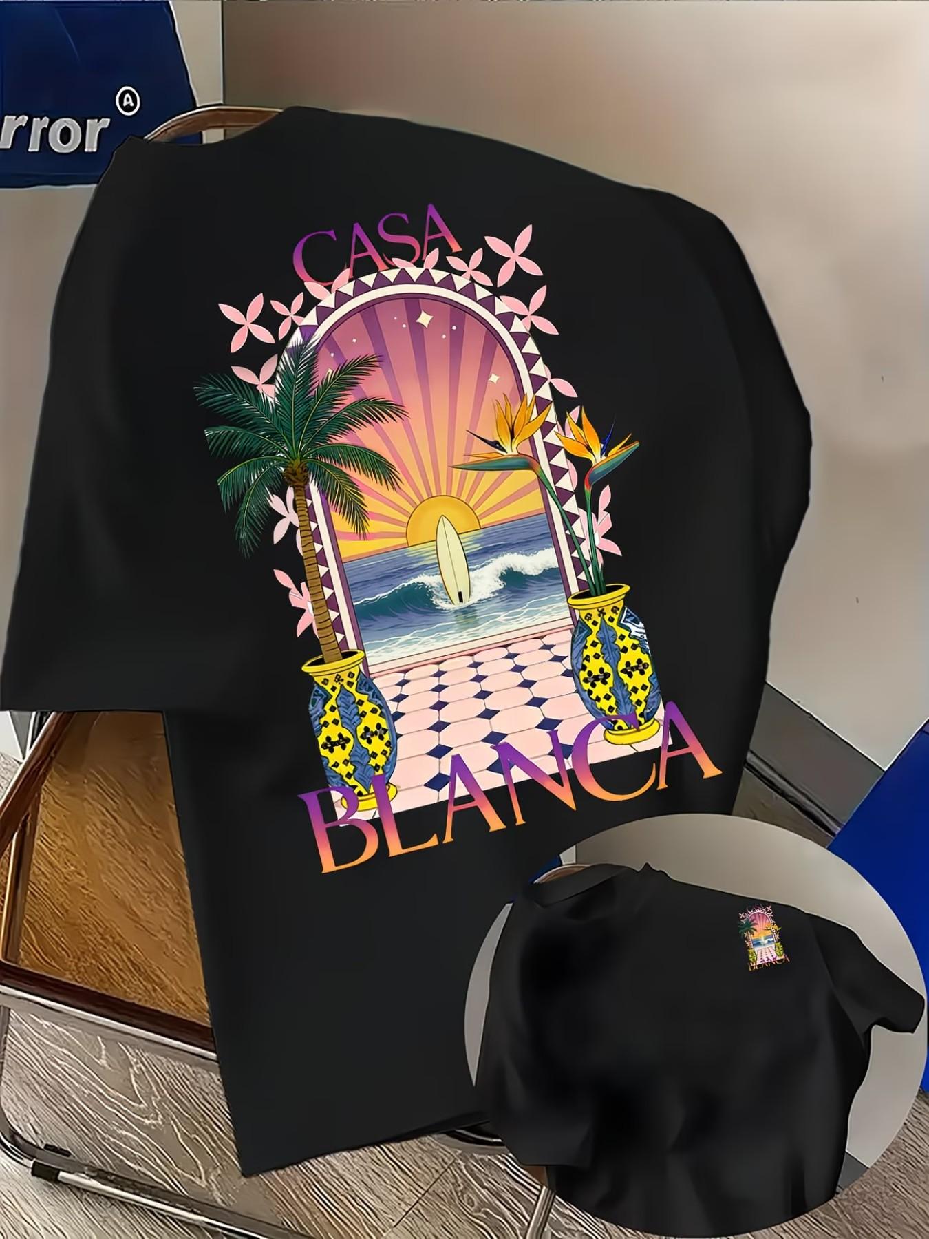 Men's Casual Comfortable Short Sleeve T-Shirt, Casablanca Pattern Front and Back, Loose Fit, Ideal for Daily Wear, Travel, Dating