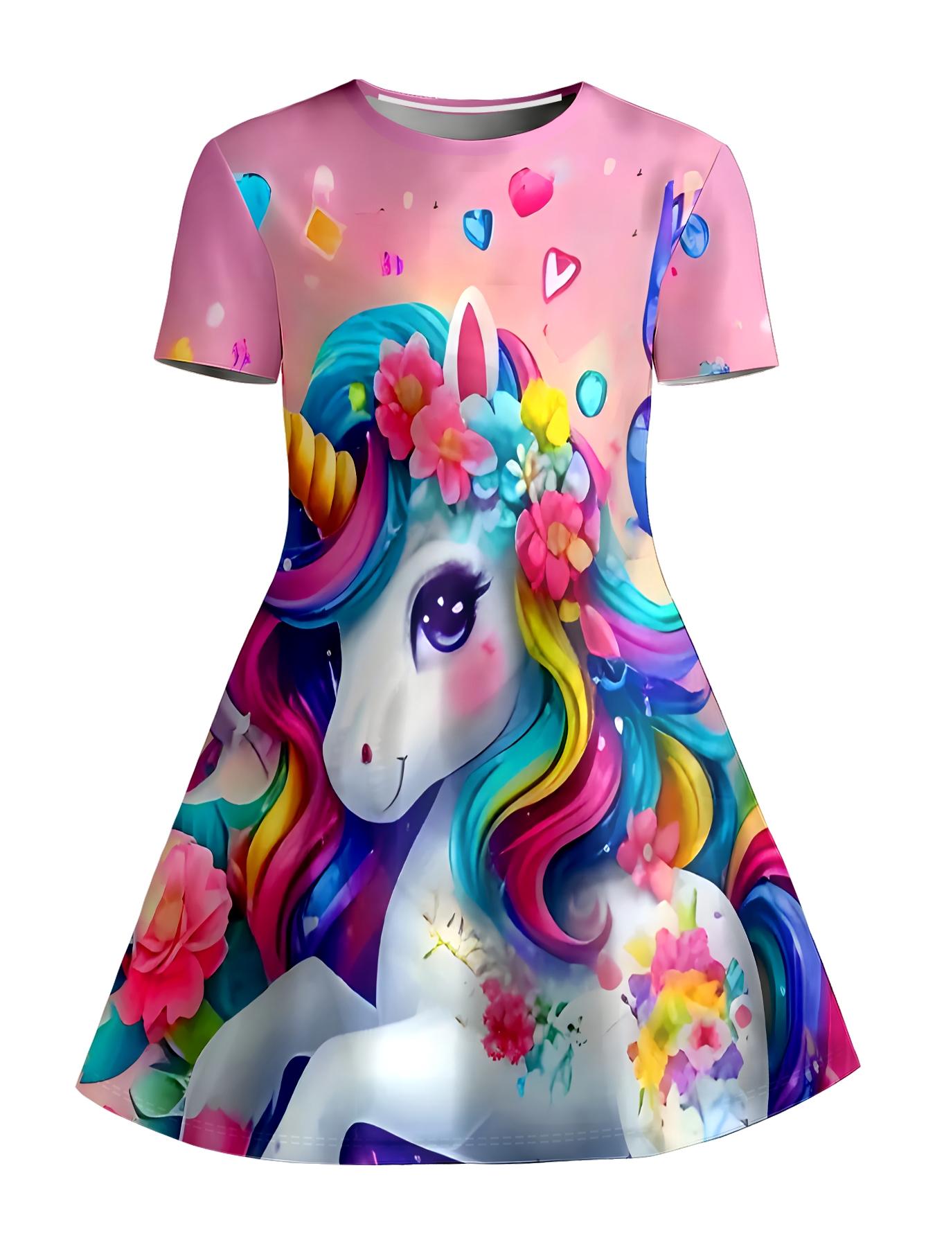 Girls Summer Flower Unicorn Print Dress, Kids Pink Heart Crew Neck Short Sleeve A-Line Dress