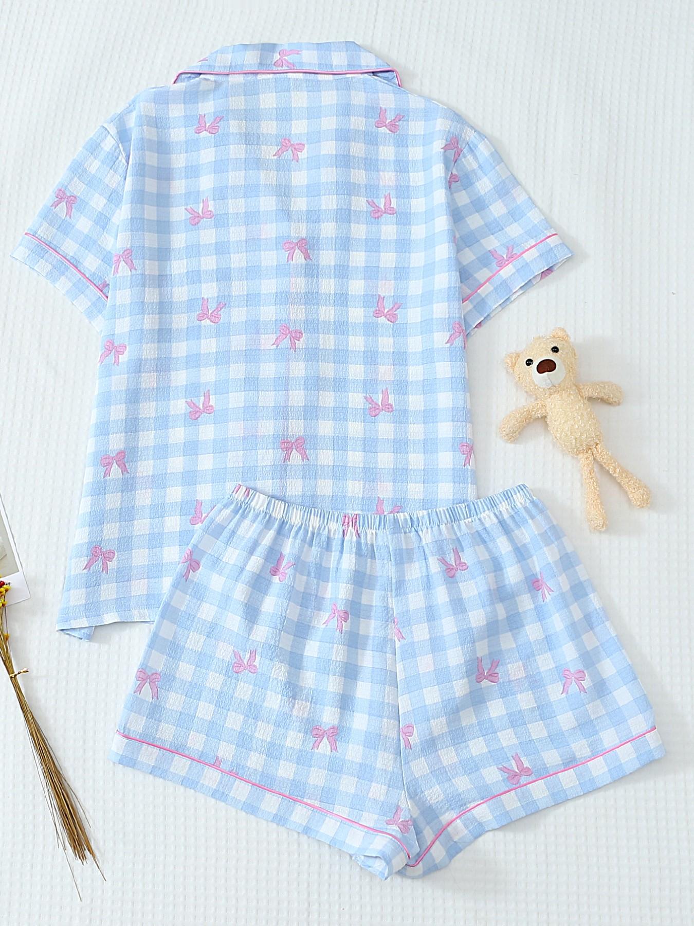 Women's Short Sleeve Button Down Top and Shorts Pajama Set, Spring Summer Wear, Blue White Gingham With Pink Bow Print, Sweet Girl Style, Classic Lapel Collar With Contrast Pink Piping, Smooth Button Closure, Elastic Waist Shorts, Loose Fit, Comfortable F