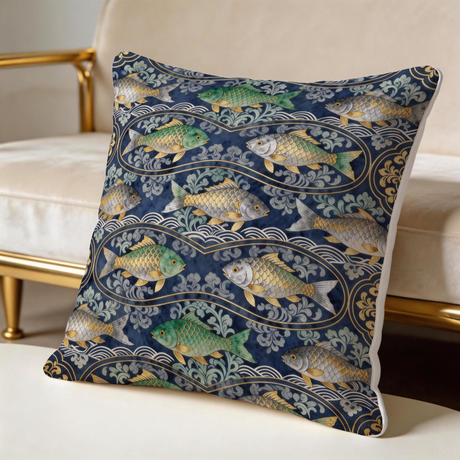 1 Pack 18×18 Inch Koi Fish Printed Throw Pillow with Invisible Zipper, Japanese Style Decorative Cushion for Couch, Sofa, Bed, Living Room and Bedroom, HD Digital Print, Fade-Resistant Soft Pillow