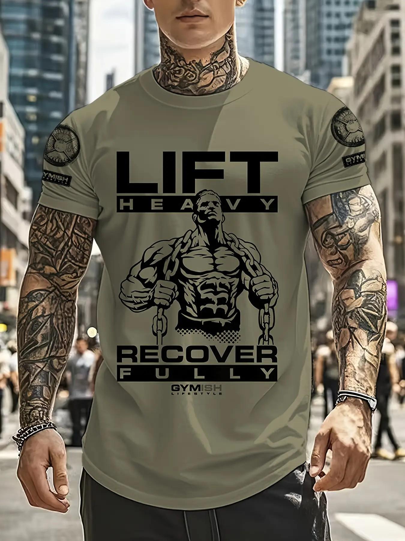 Men's Fitness Short Sleeve T-Shirt, Gym Workout Graphic Top, Weightlifting Recovery Theme Casual Wear, Loose-Fitting Jersey