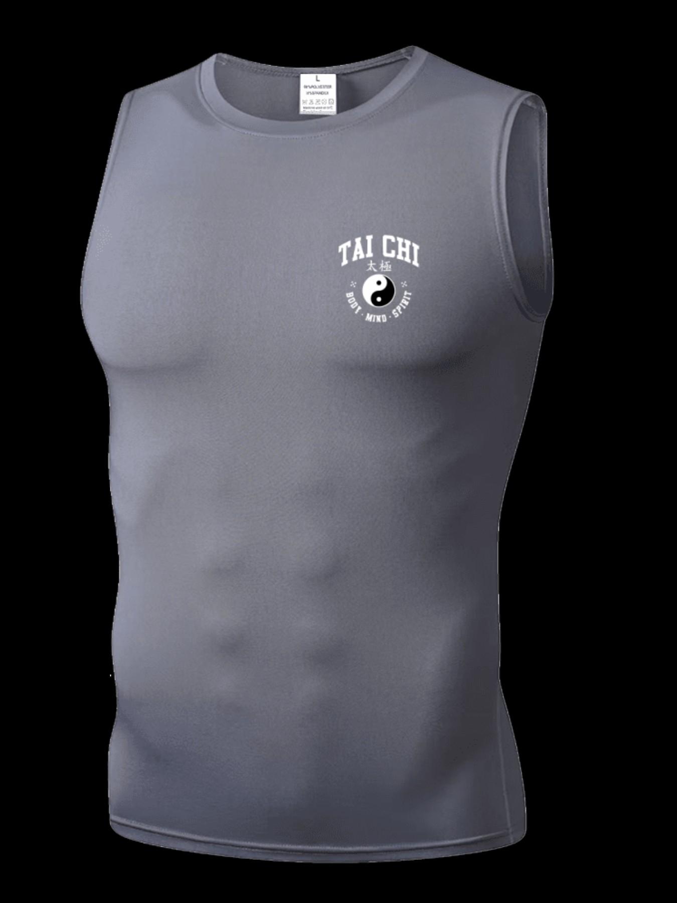 Men's Short Sleeve Sporty Slim-Fit Tee, Quick-Dry Breathable Moisture-Wicking, Tai Chi Print, Ideal for Fitness, Running, Boxing, Outdoor Activities