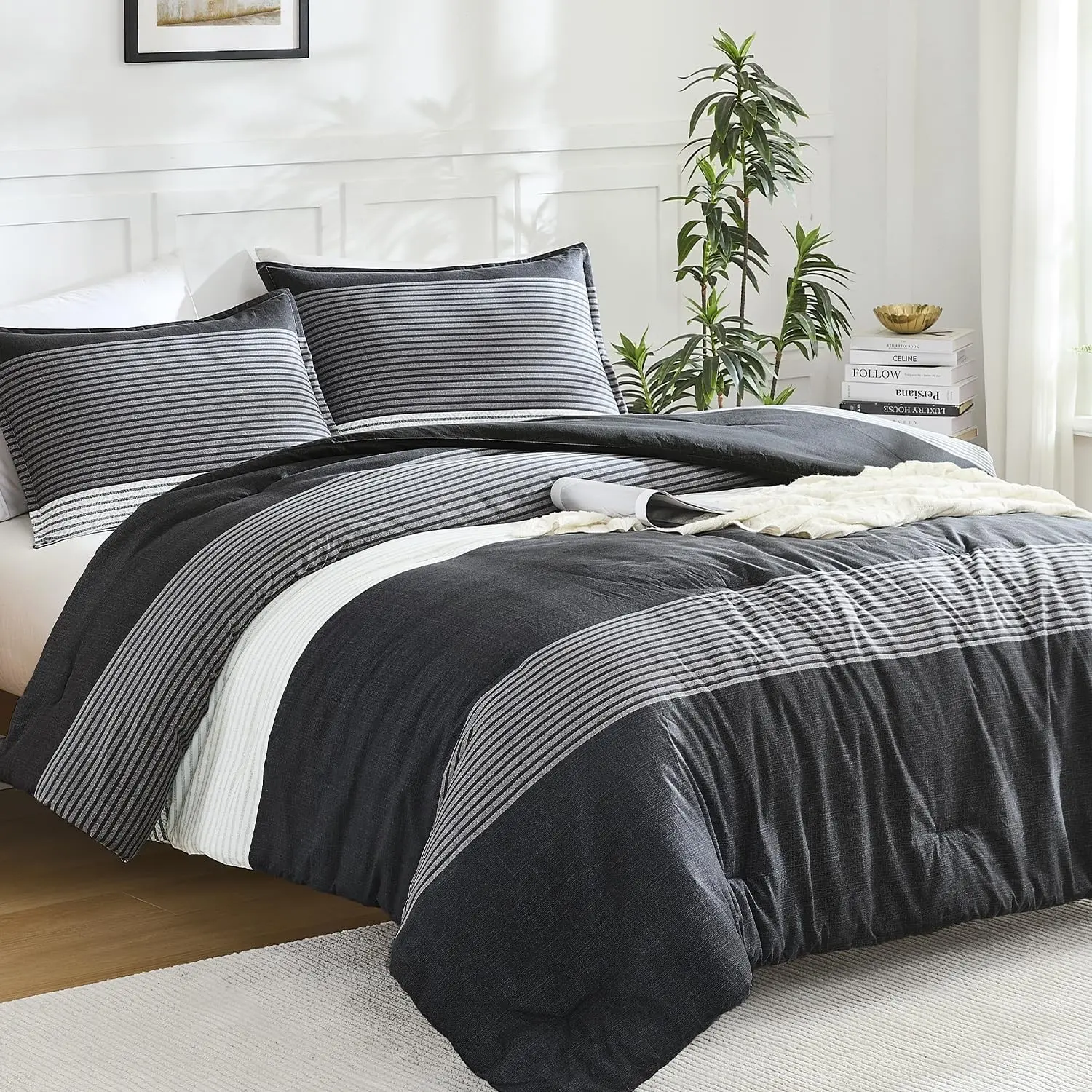 Full Comforter Set Black - 3 Pieces Stripe Bedding Comforter Sets | Boys Men Fluffy Lightweight Soft Colorblock Down Alternative All Season Bed Set