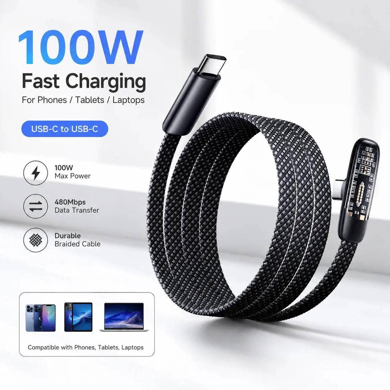 100W Right Angle Flat USB-C Cable, Transparent Fast Charging for iPhone PD & Huawei 66W SuperCharge