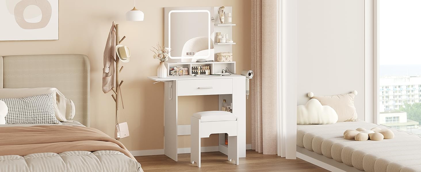 Vabches Vanity Desk with Mirror and Lights, Small Makeup Vanity with Drawer & Lots Storage Shelves, White Vanity Table with Charging Station & Time Display, Vanity Set with Chair, for Bedroom
