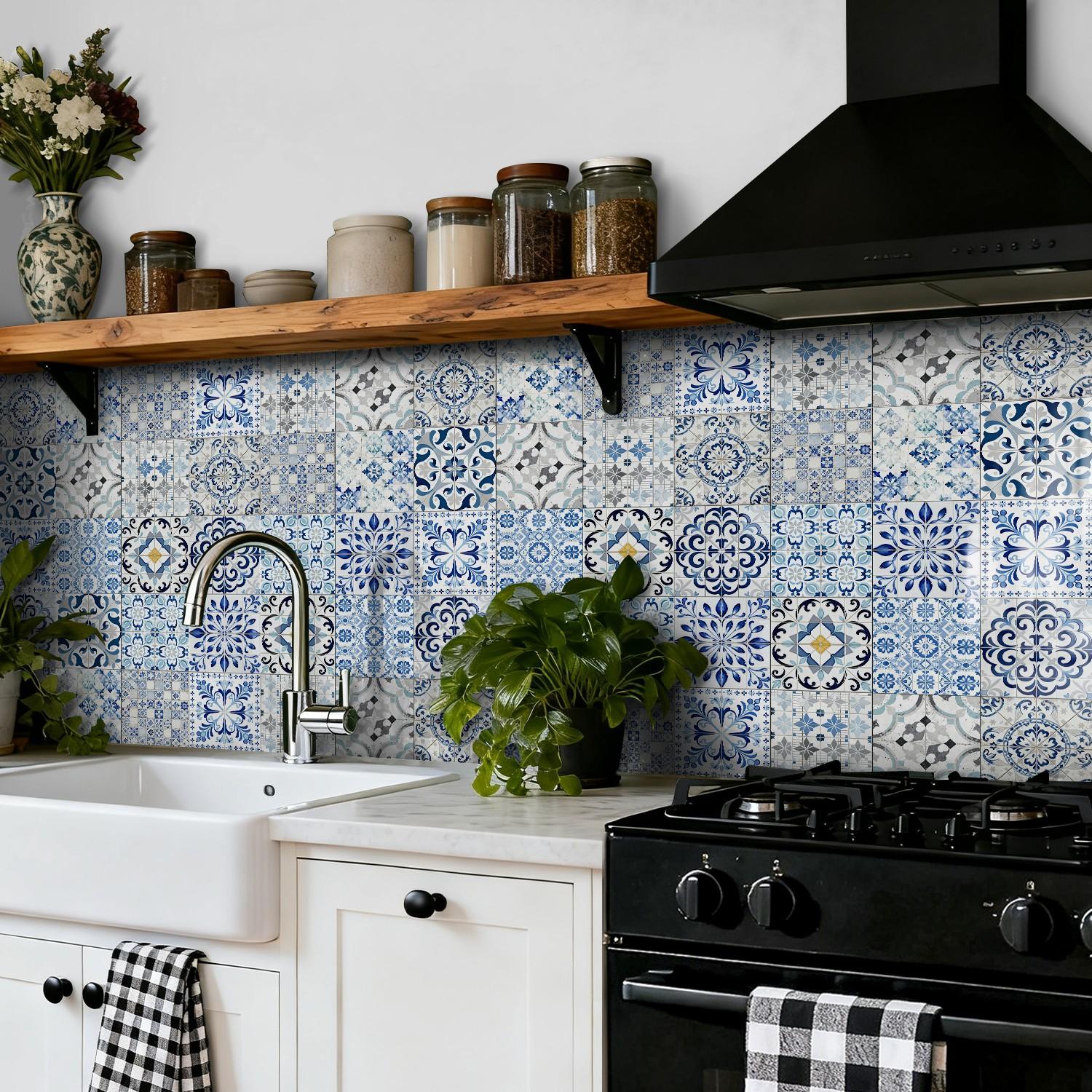 24PCS NHZ Blue Moroccan/Spanish Vintage Floral Tile Stickers, PVC Crystal Film with Mirror Gloss, Peel & Stick Removable No Residue, Easy to Clean Waterproof Wall Decals for Kitchen Bathroom Bedroom Office Indoor Decor