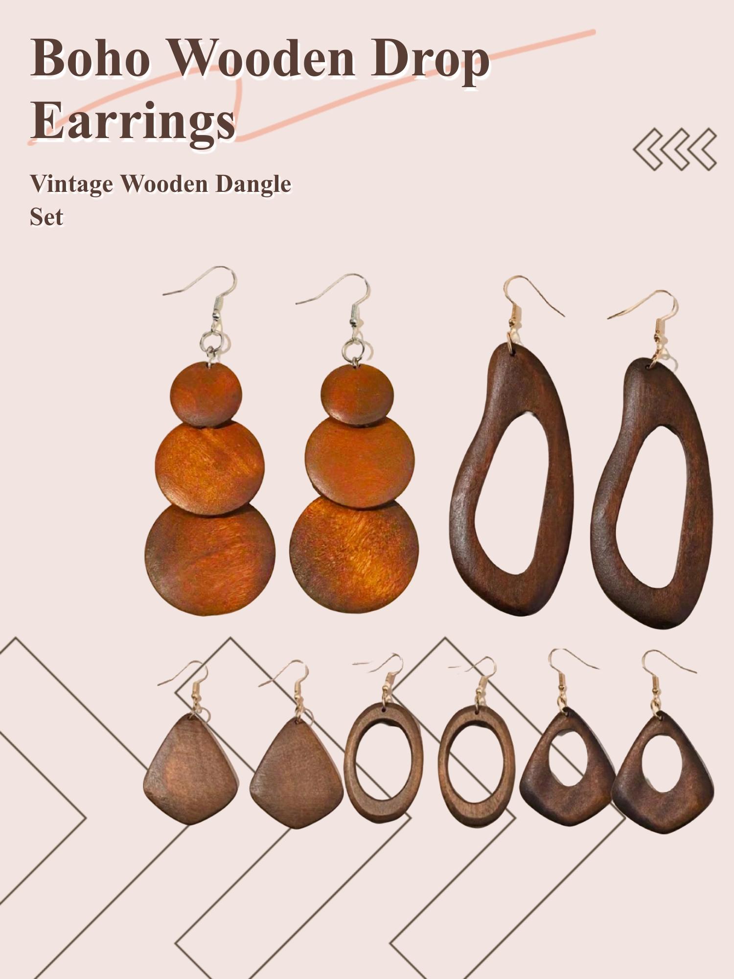 Wooden Dangle Earrings, Crafted From Wood Boho Style Hollow Out Geometric Design Earrings, Fashion Jewelry Accessories for Women & Girls, Unique Design Earrings