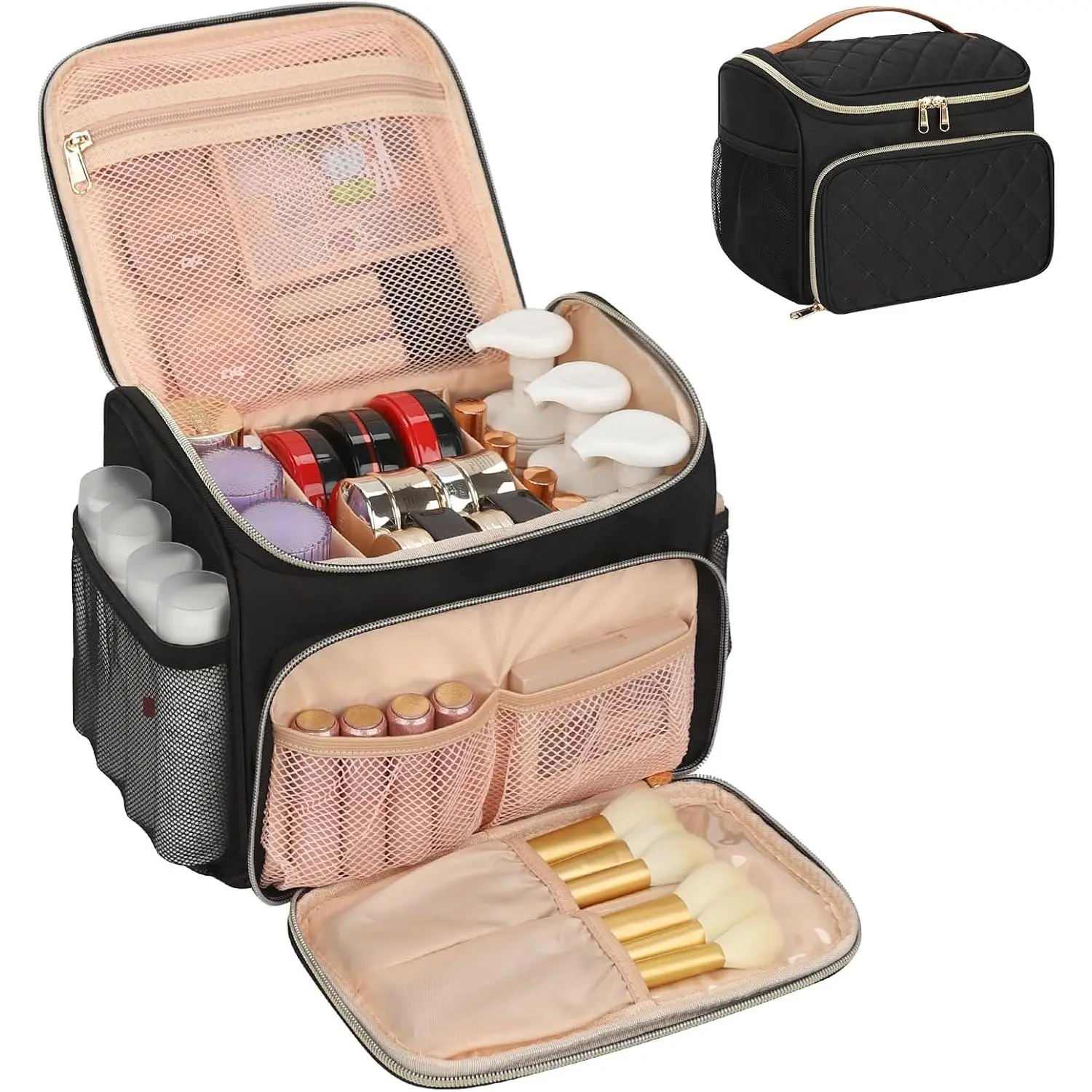 Travel Makeup Bag, Large Makeup Case Organizer, Cosmetic Storage | Multi-Pockets, Separate Makeup Brush Compartment, Premiun Metal Two Way Zipper, Portable Handle, Breathable Mesh