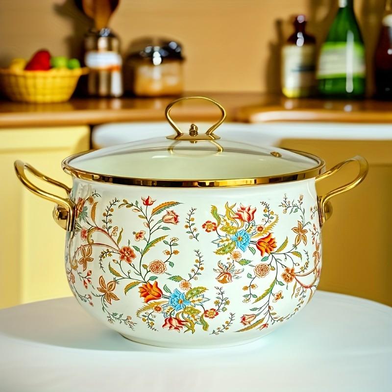 Flower Pattern Stockpot with Lid, Ceramic Soup Pot with Handle, Large Capacity Cooking Pot for Home Kitchen, Double Ear Design