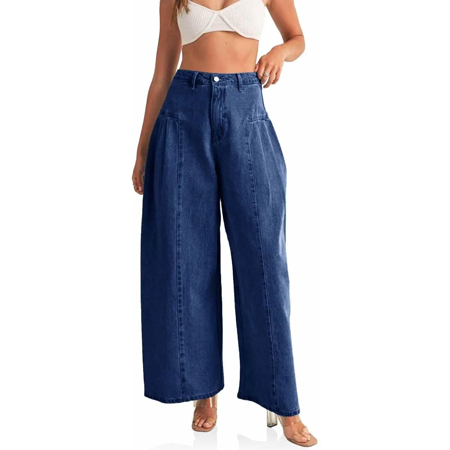 Imily Bela Women's High-Waisted Pleated Barrel Leg Baggy Denim Jeans - 90s Grunge Streetwear Bottoms, Chic Fit, All-Season Comfort, Versatile for Blouse or Tee Outfits