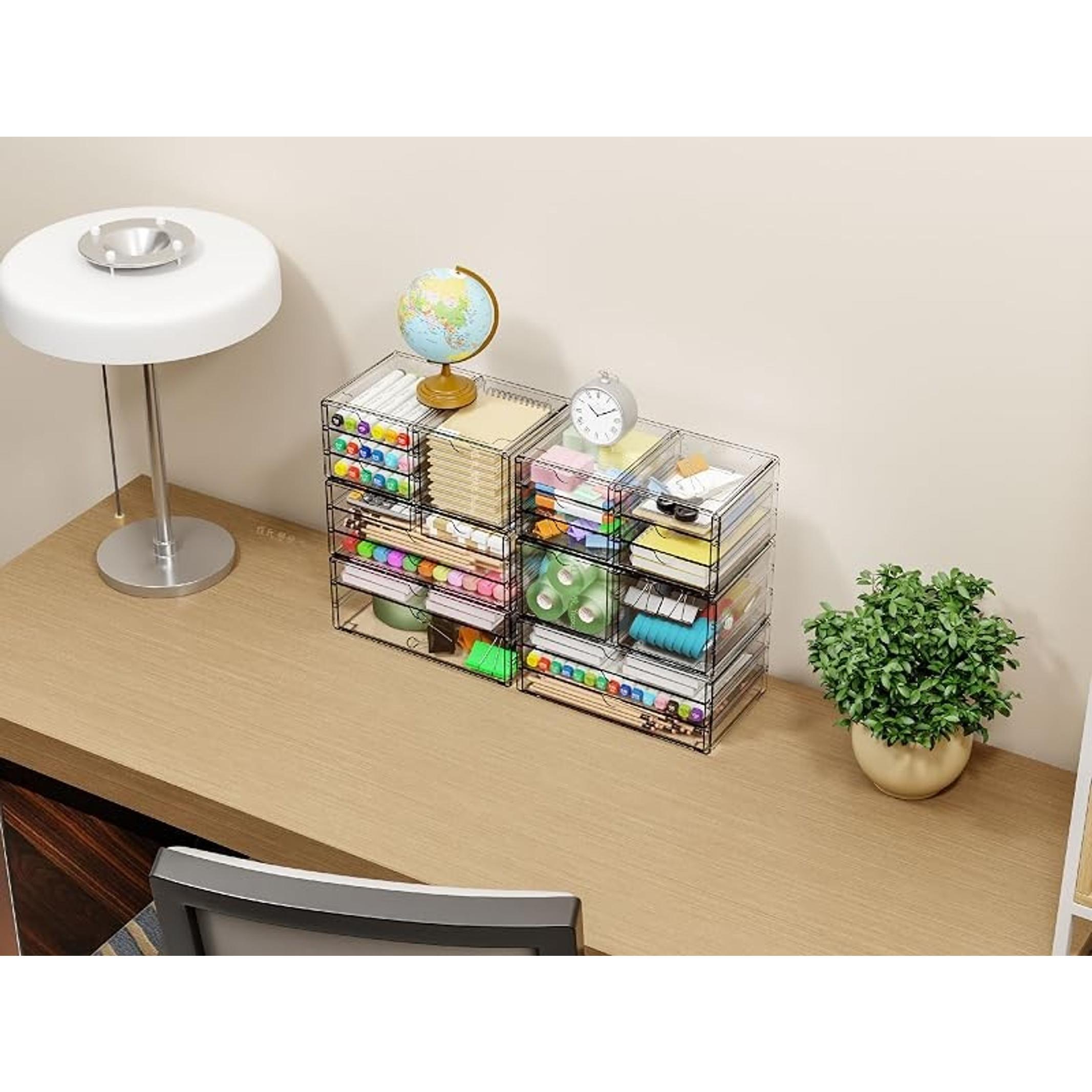 2 Pack Acrylic Storage Drawers with 12 Small Drawers, Stackable Clear Plastic Organizer for Office, Makeup, Craft Supplies, Pens, Stationery, Accessories, DeskGift