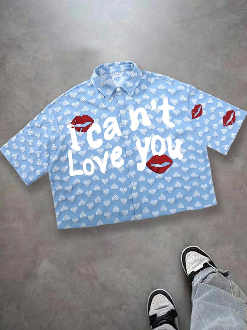 Unisex casual streetwear style "I can't Love you" red lip print plaid shirt, Y2K streetwear cropped top, suitable for streetwear, Y2K outfits, men's gifts, couple outfits, high street culture.