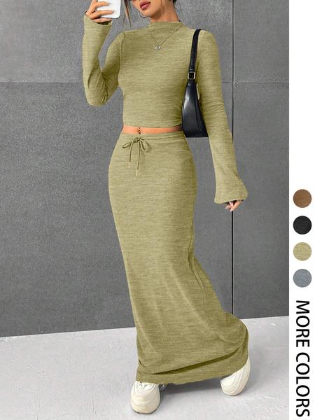 Women's Solid Flounce Sleeve Crop Tee & Drawstring Skirt Two-piece Set for Daily Outdoor Wear, Women's Clothing for Spring & Fall