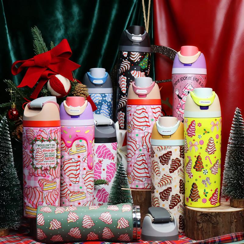 1 Pc19/24/32oz double wall insulated thermal mug, leak-proof skinny vacuum cup, Christmas cake and tree dessert pattern, pink background festive design, keeps hot 12 hours cold 24 hours, perfect gift for women men, holiday travel mug for hot cold drinks